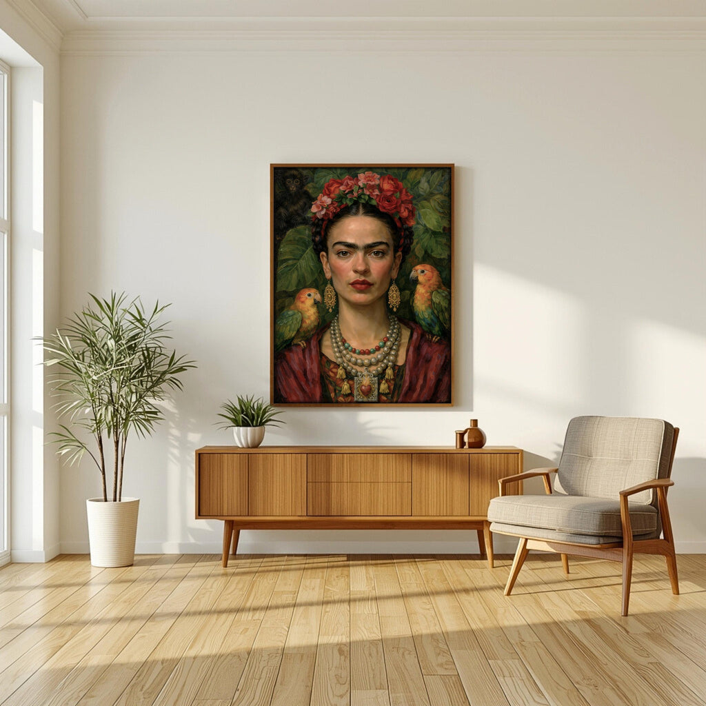 Frida Kahlo Portre Sanatı, Cesur Kadınsı Duvar Sanatı, Sanatsal Çiçekli Portre Baskısı