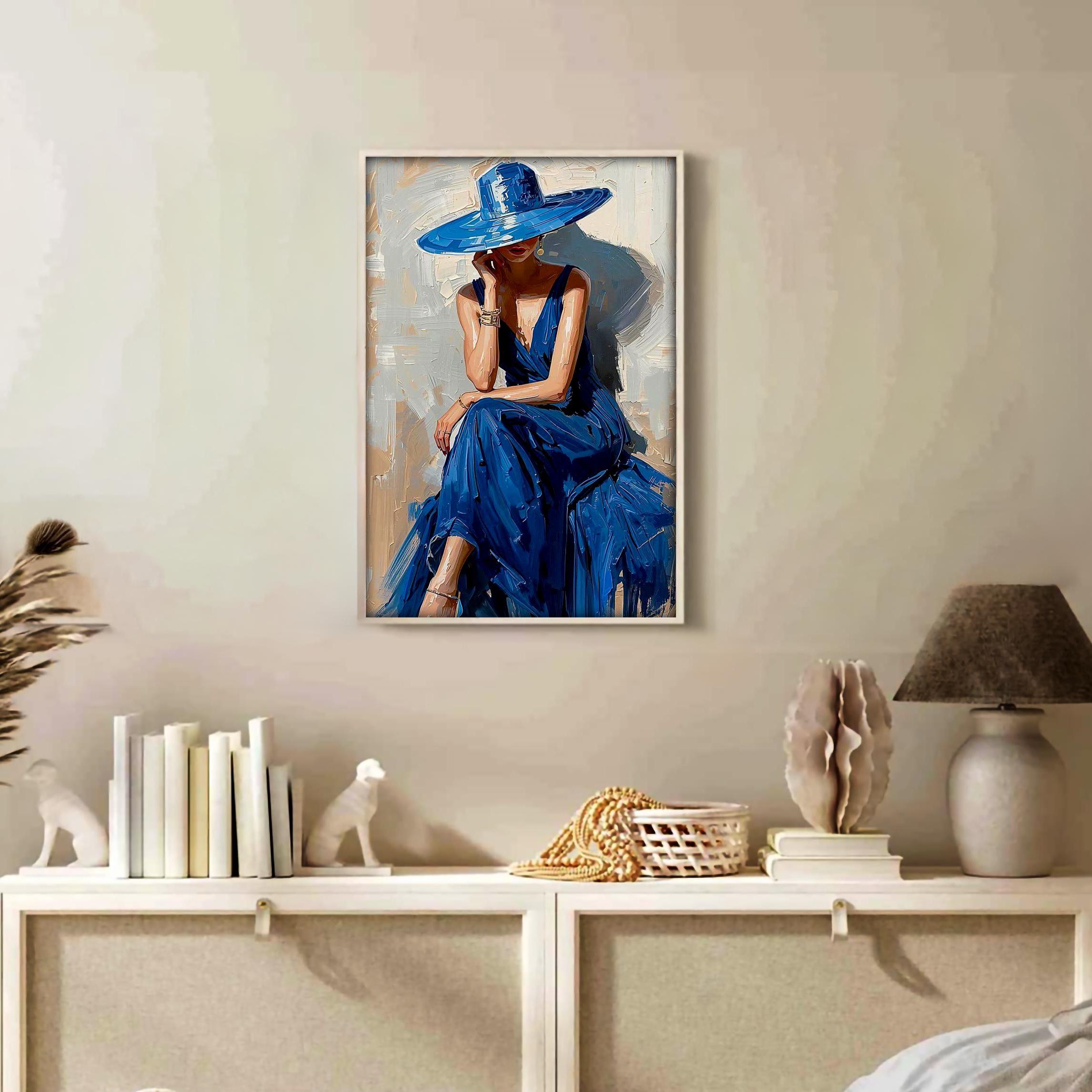 Zarif Moda Portre Duvar Sanatı, Mavi Elbiseli Kadın Baskısı, Modern Kadınsı Dekorasyon