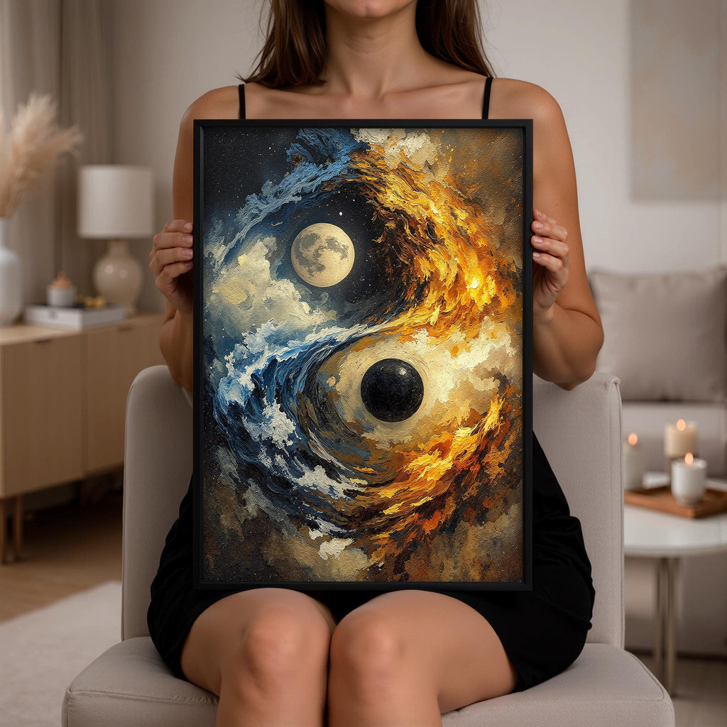 Yin Yang Soyut Duvar Sanatı, Modern Kozmik Denge Baskısı, Mavi Altın Çağdaş Dekorasyon