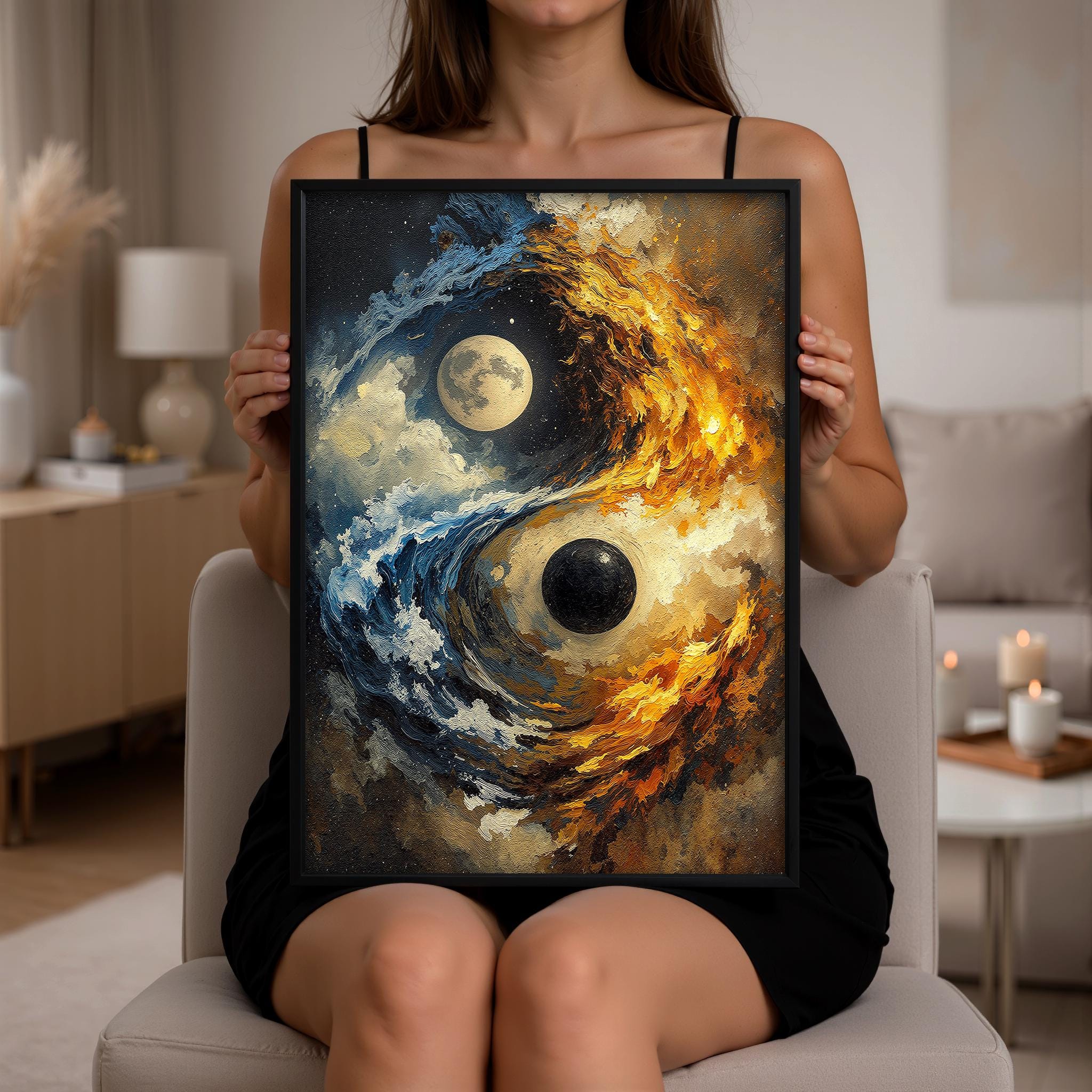 Yin Yang Soyut Duvar Sanatı, Modern Kozmik Denge Baskısı, Mavi Altın Çağdaş Dekorasyon