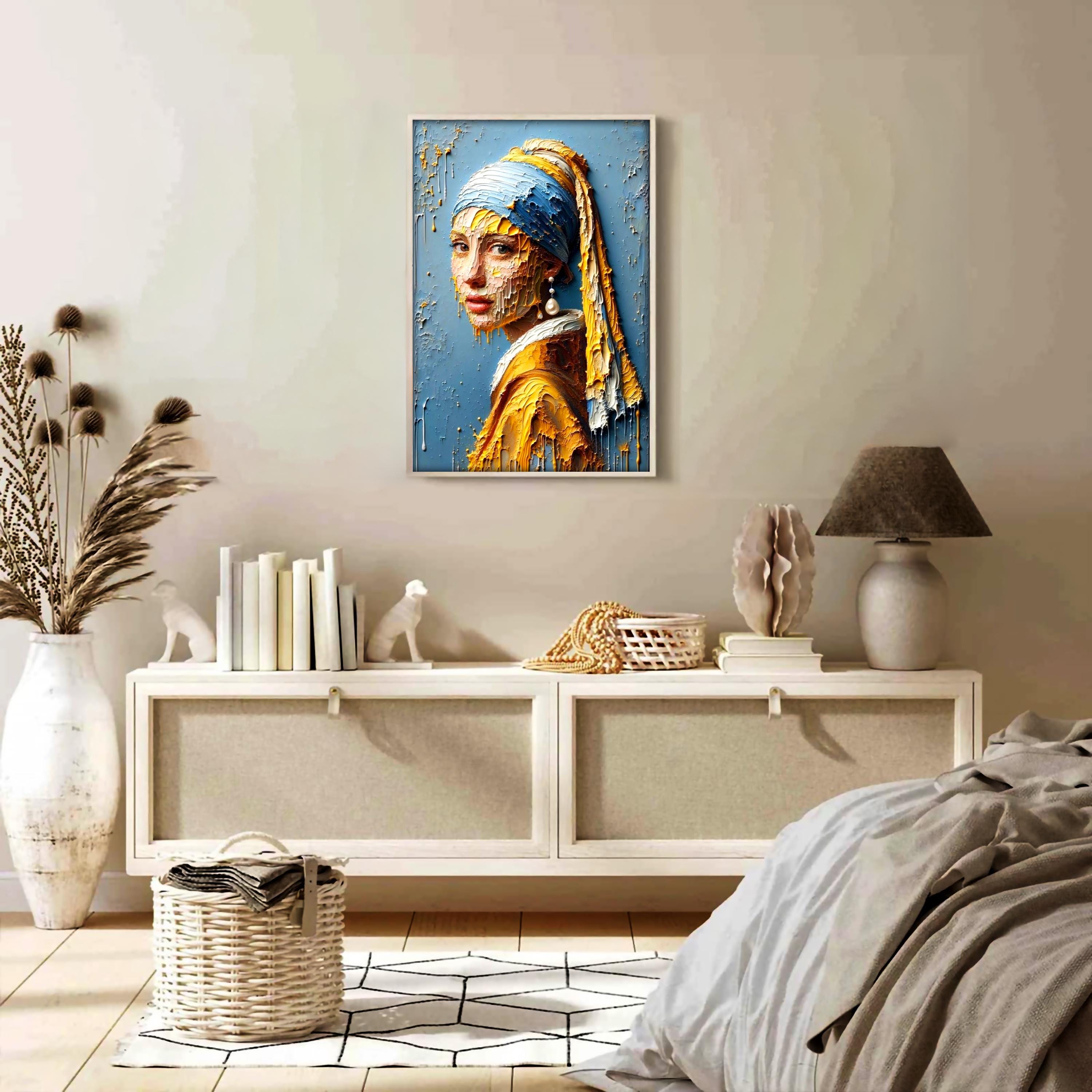 İnci Küpeli Soyut Ekspresyonist Kız | Dokulu Portre Duvar Sanatı