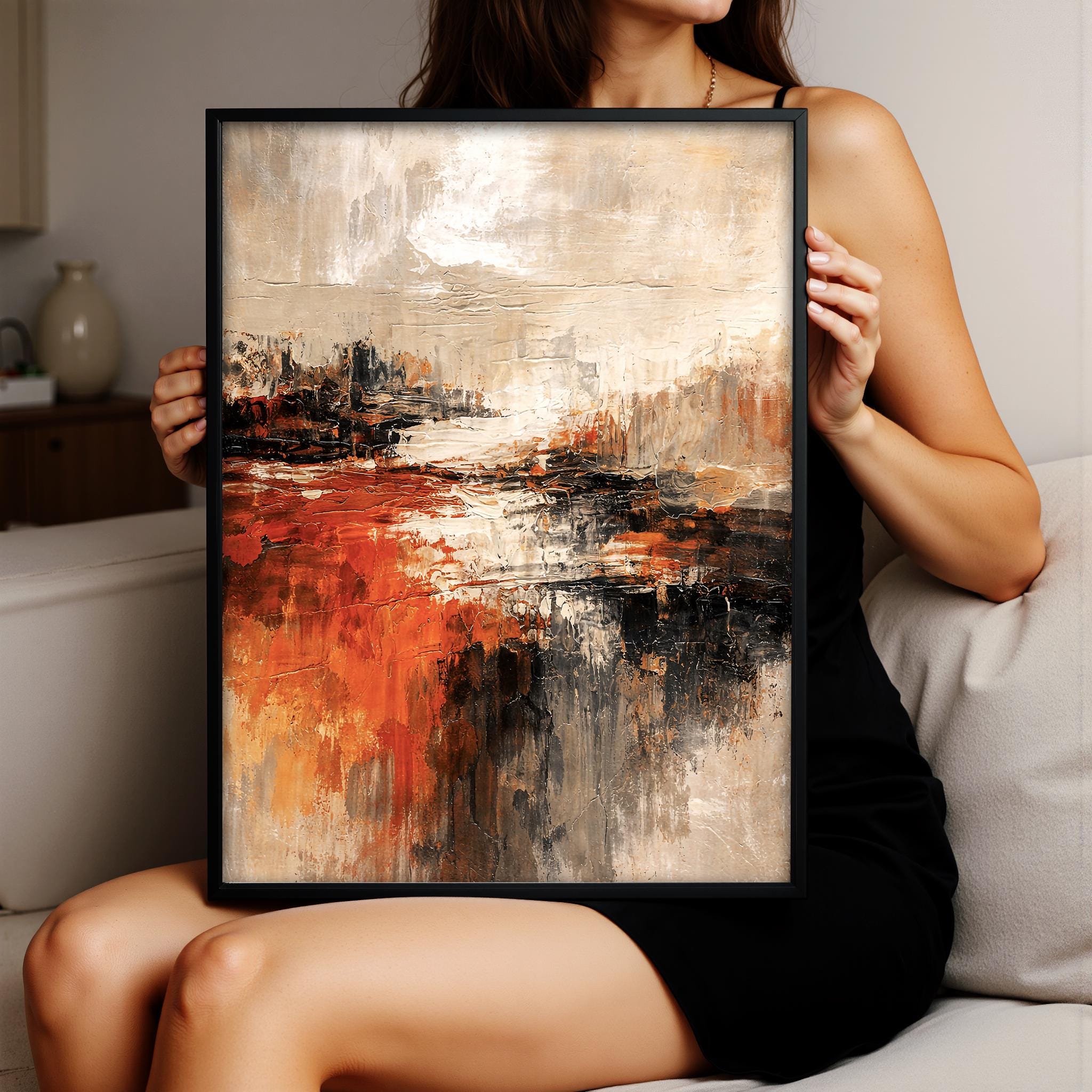 Soyut Ufuk Çerçeveli Duvar Sanatı – Sıcak Toprak Tonları, Kalın Boya Dokusu