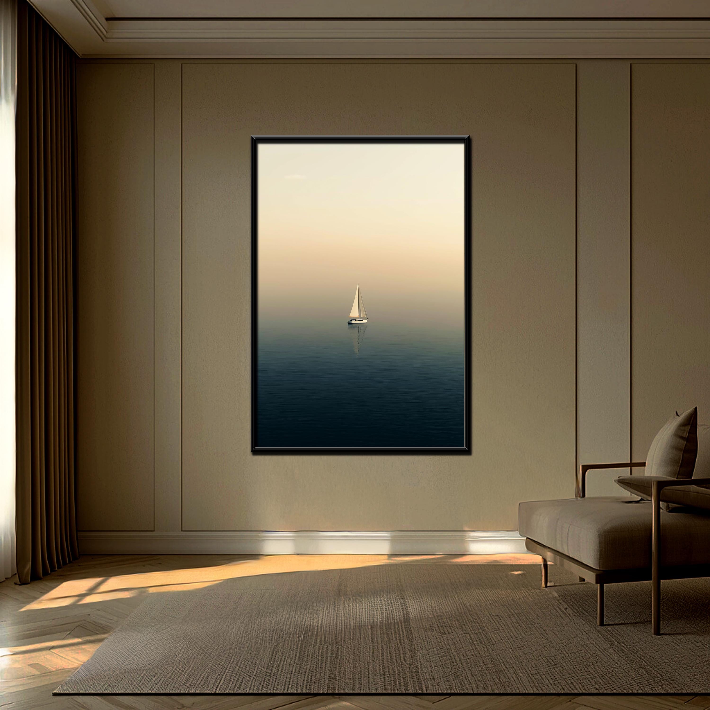 Minimalist Yelkenli Duvar Sanatı | Sakin Denizcilik Temalı Okyanus Baskısı, Modern Sahil Posteri