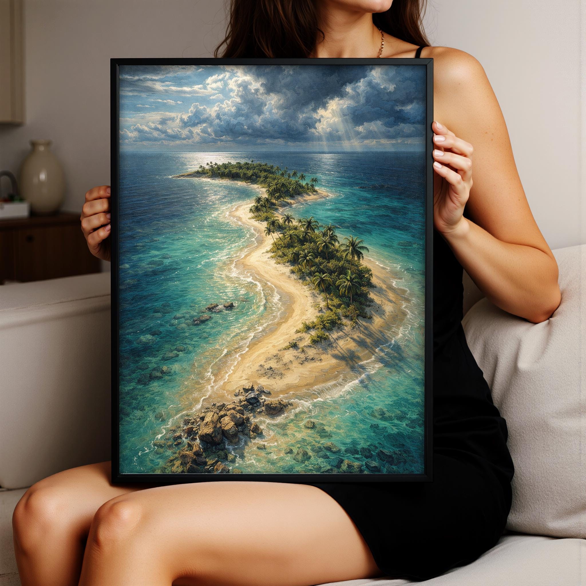 Tropikal Ada Havadan Görünümü Çerçeveli Poster, Turkuaz Okyanus Sanatı