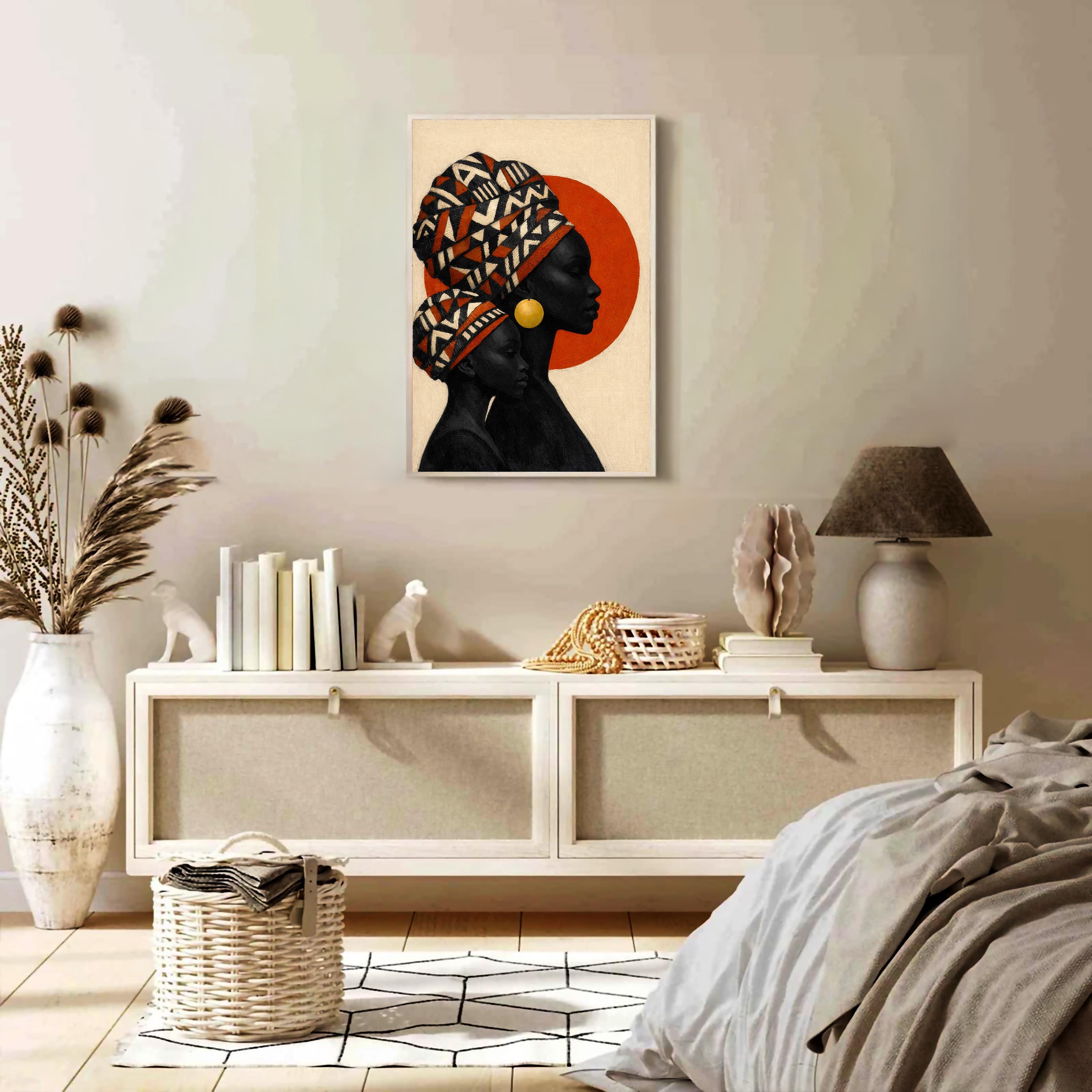 Afrika Anne ve Çocuk Duvar Sanatı, Kültürel Aile Silüeti Baskısı, Afrika Esintili Dekorasyon