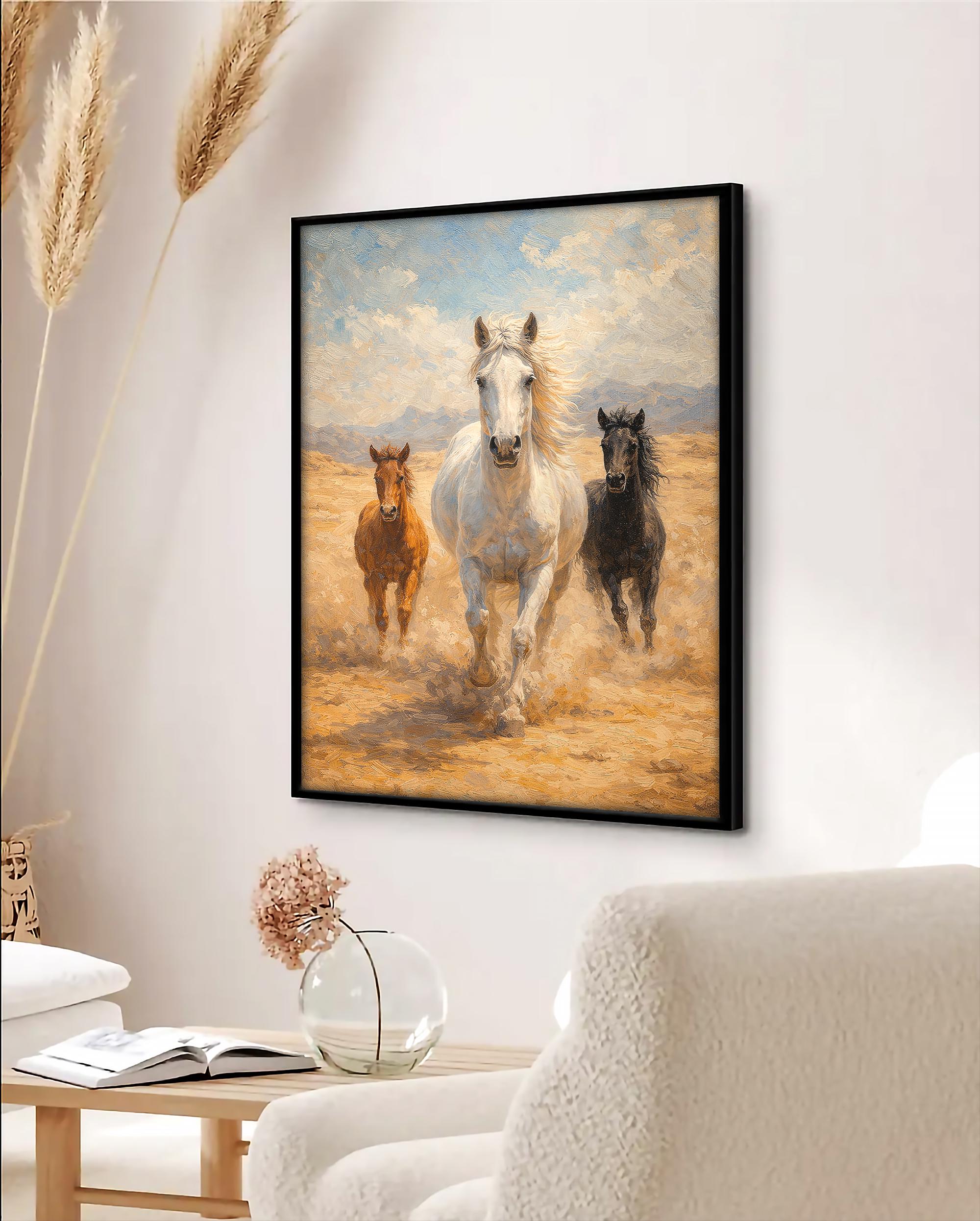 Atlar Duvar Sanatı | Beyaz At ve Tayları Yağlı Boya Tablo Tarzı | Özgürlük Hayvanı Sanat Baskısı