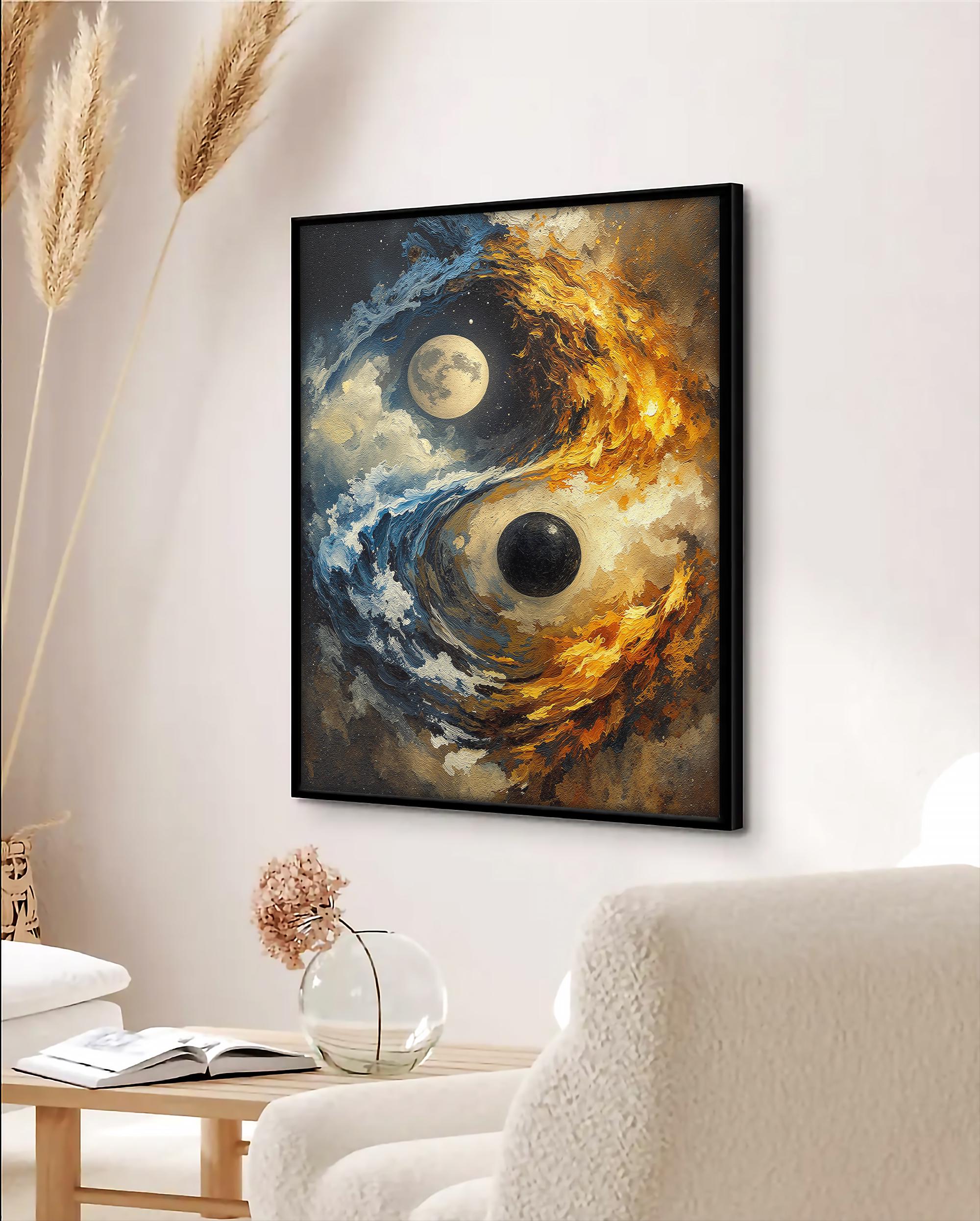 Yin Yang Soyut Duvar Sanatı, Modern Kozmik Denge Baskısı, Mavi Altın Çağdaş Dekorasyon