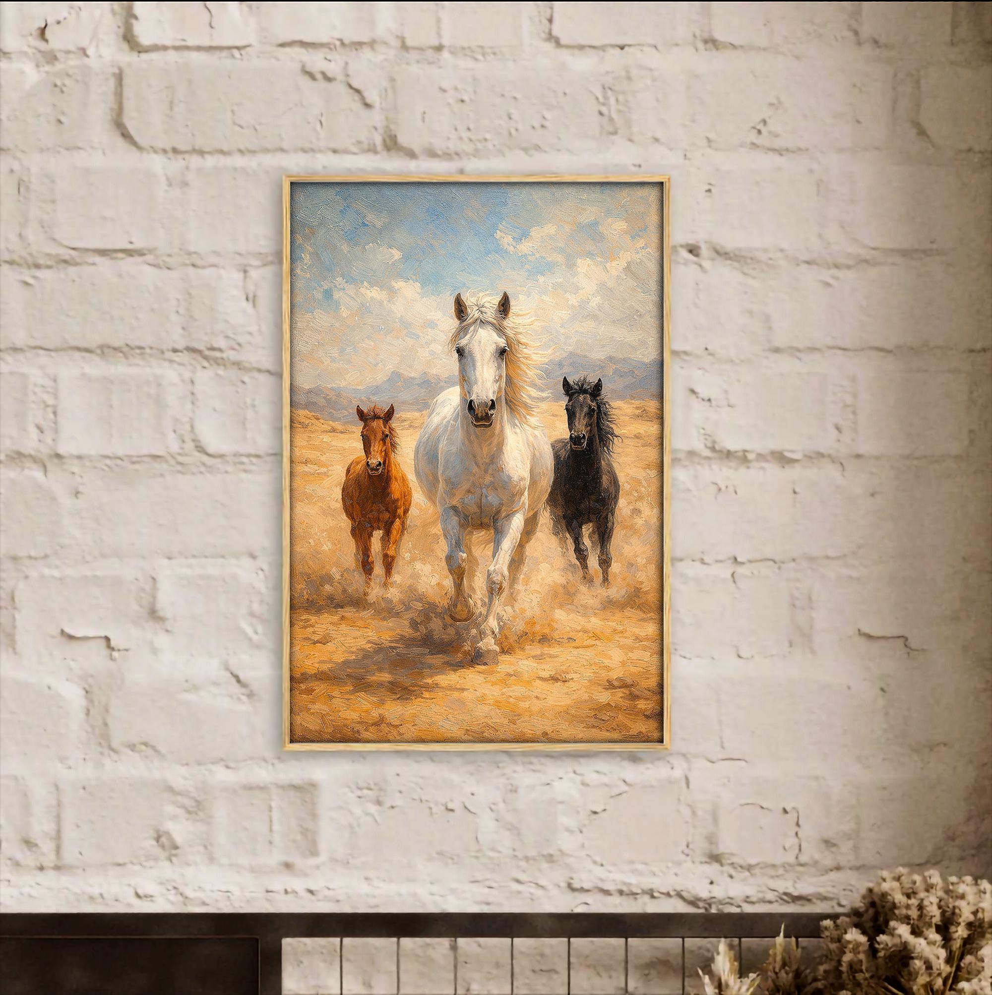 Atlar Duvar Sanatı | Beyaz At ve Tayları Yağlı Boya Tablo Tarzı | Özgürlük Hayvanı Sanat Baskısı