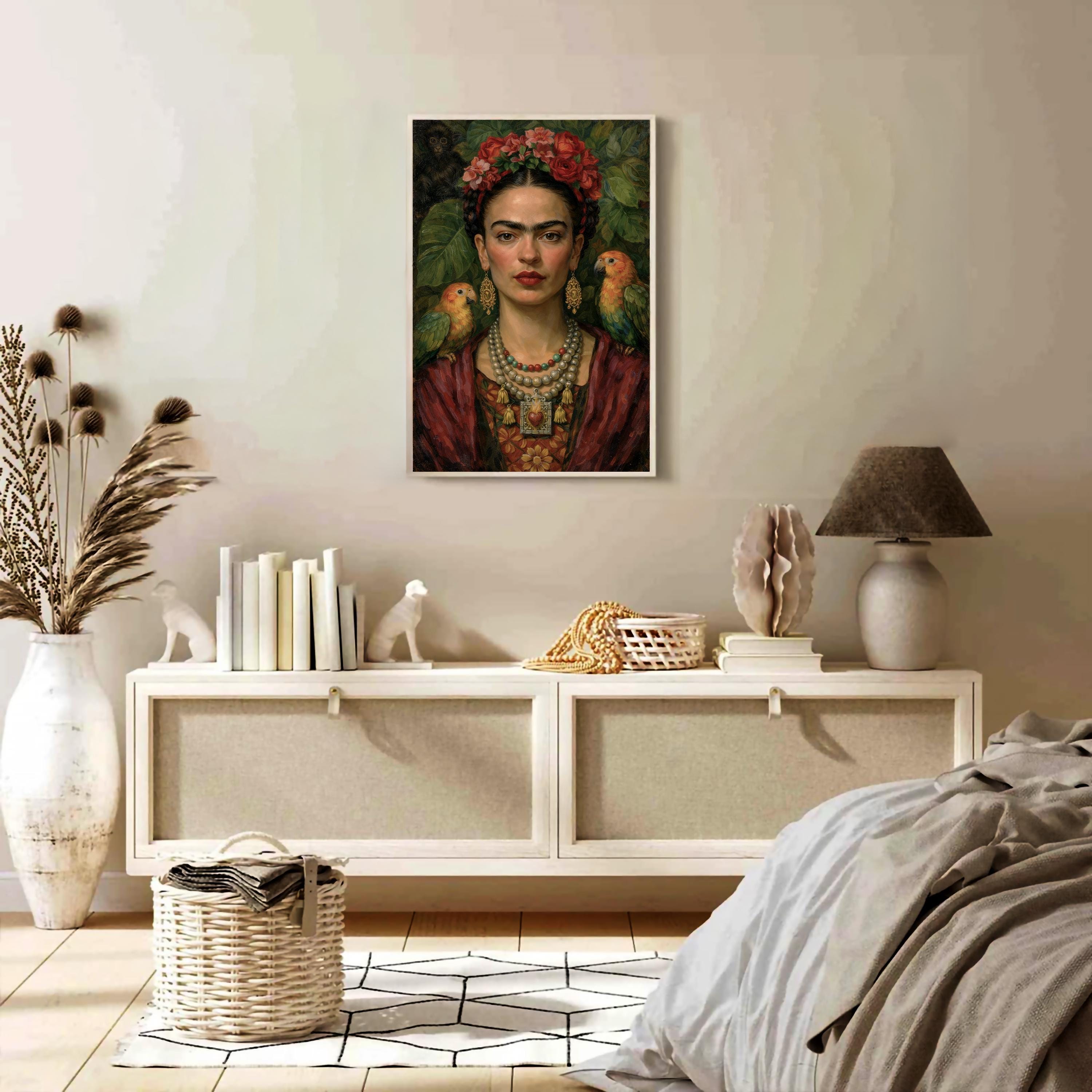Frida Kahlo Portre Sanatı, Cesur Kadınsı Duvar Sanatı, Sanatsal Çiçekli Portre Baskısı