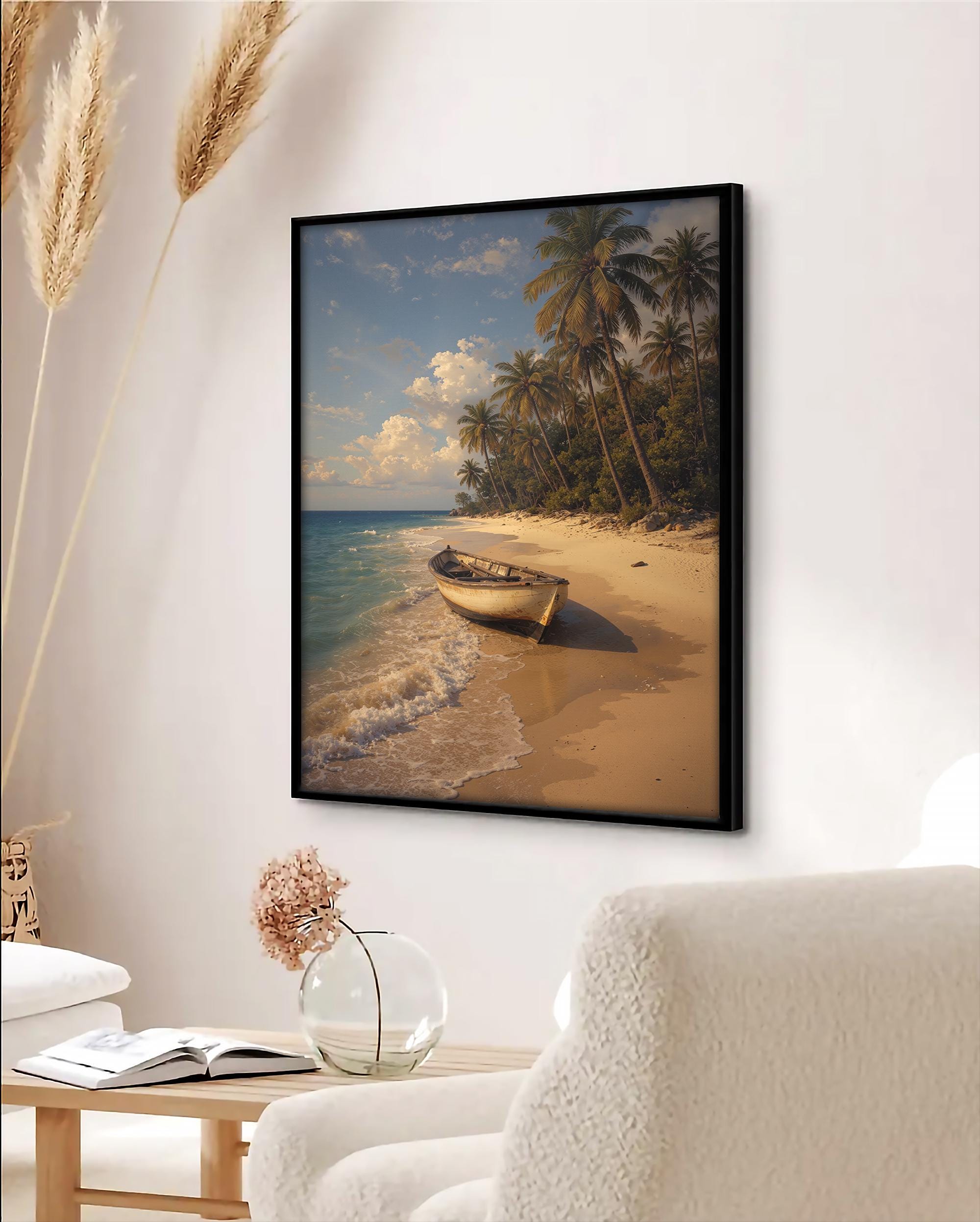Tropikal Plaj Duvar Sanatı, Kıyı Manzarası Baskısı, Palmiye Ağacı Okyanus Dekoru, Huzurlu Deniz Kenarı Sanat Eseri