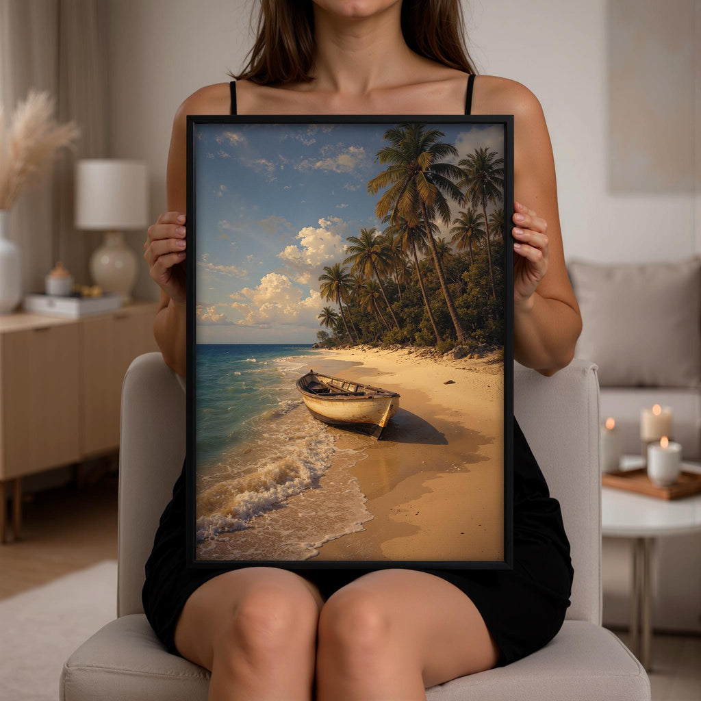 Tropical Beach Wall Art, Coastal Landscape Print, Palm Tree Ocean Decor, Serene Seaside Artwork