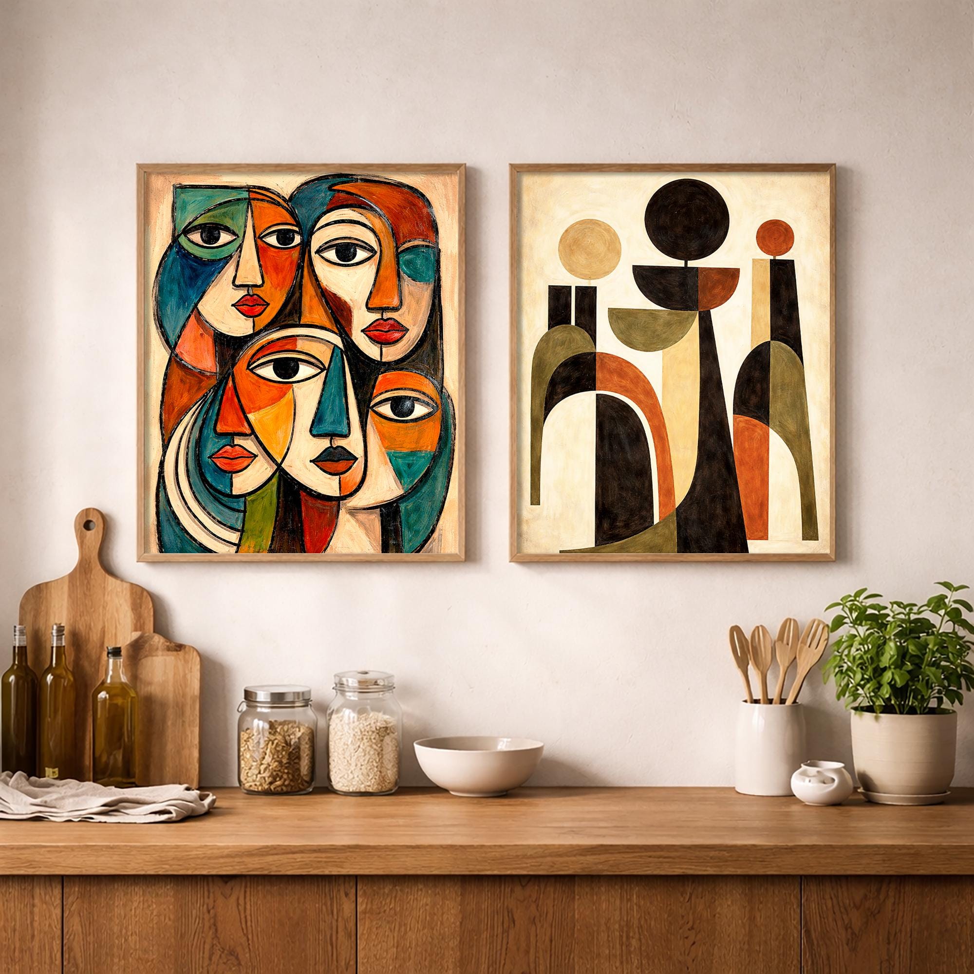 Soyut Yüzler Duvar Sanatı | Modern Kübist Portre Baskısı | Renkli Çağdaş Dekorasyon