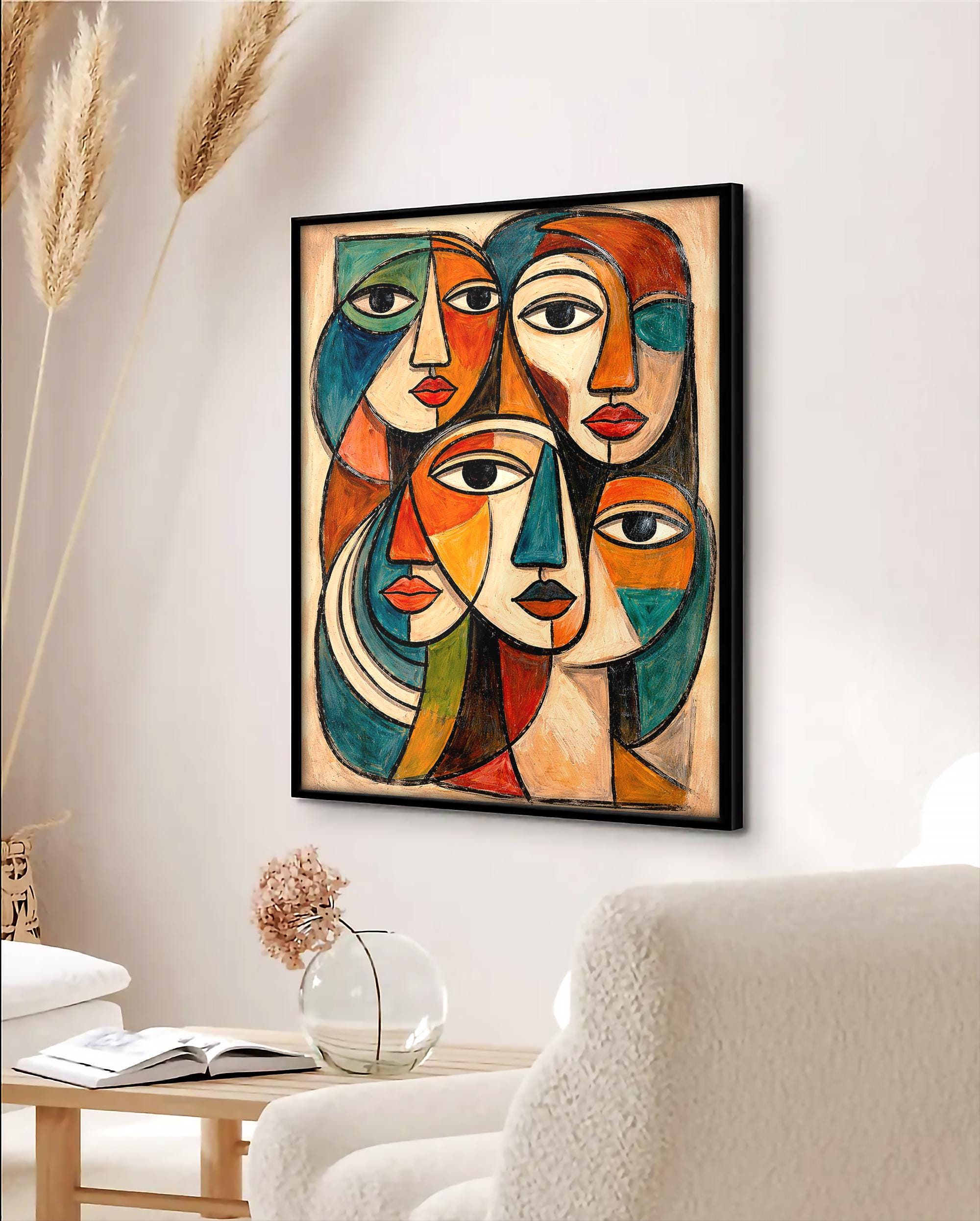 Soyut Yüzler Duvar Sanatı | Modern Kübist Portre Baskısı | Renkli Çağdaş Dekorasyon