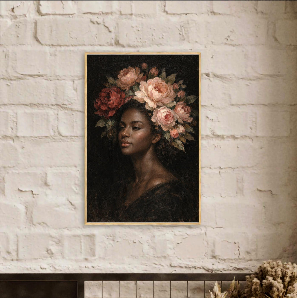 Çiçekli Portre Duvar Sanatı, Kadınsı Yağlı Boya Tablo Baskısı, Zarif Kadın Dekorasyonu