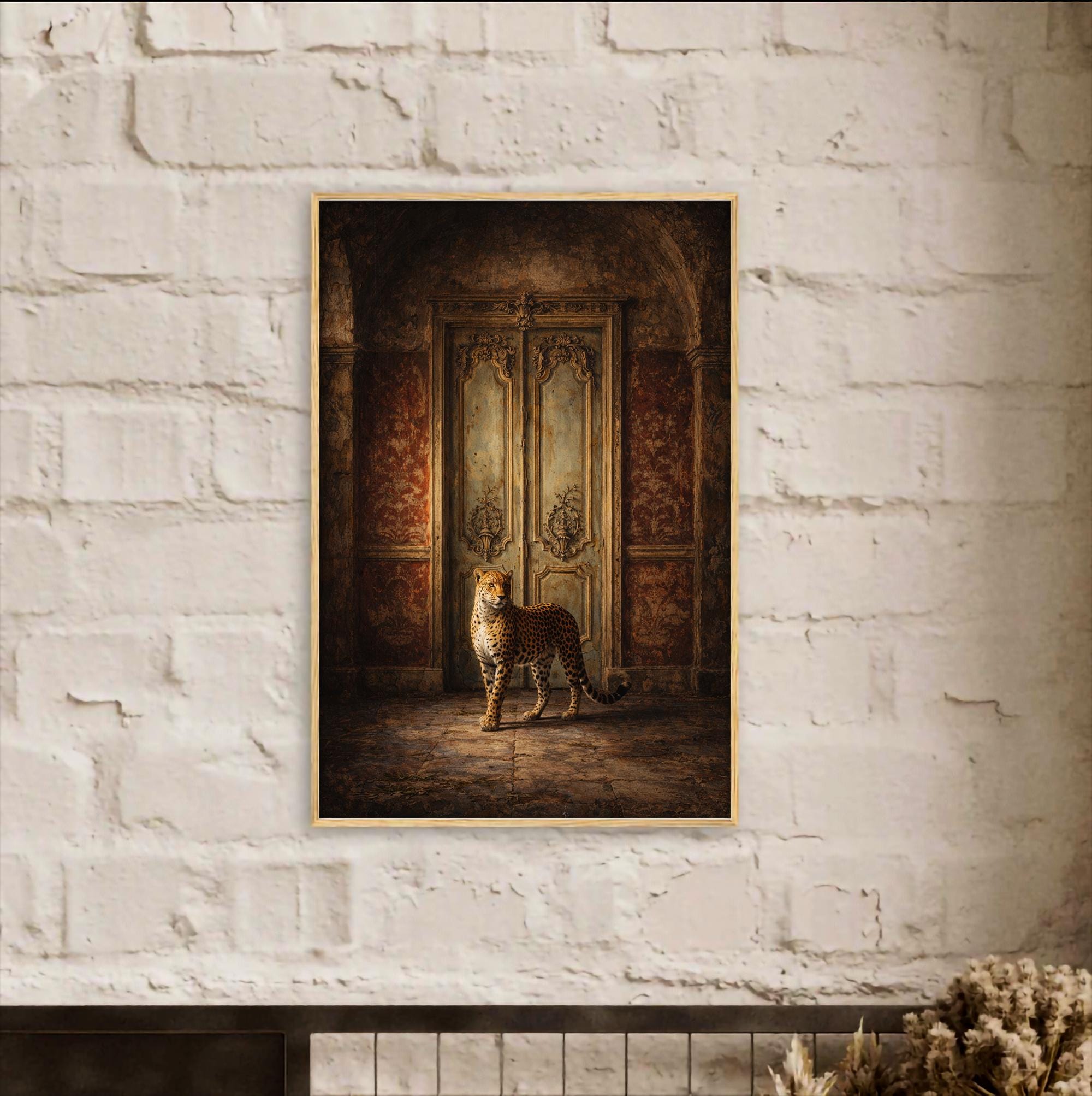 Regal Leopard's Grand Entrance: Ornate Framed Poster – Timeless Elegance & Striking Presence