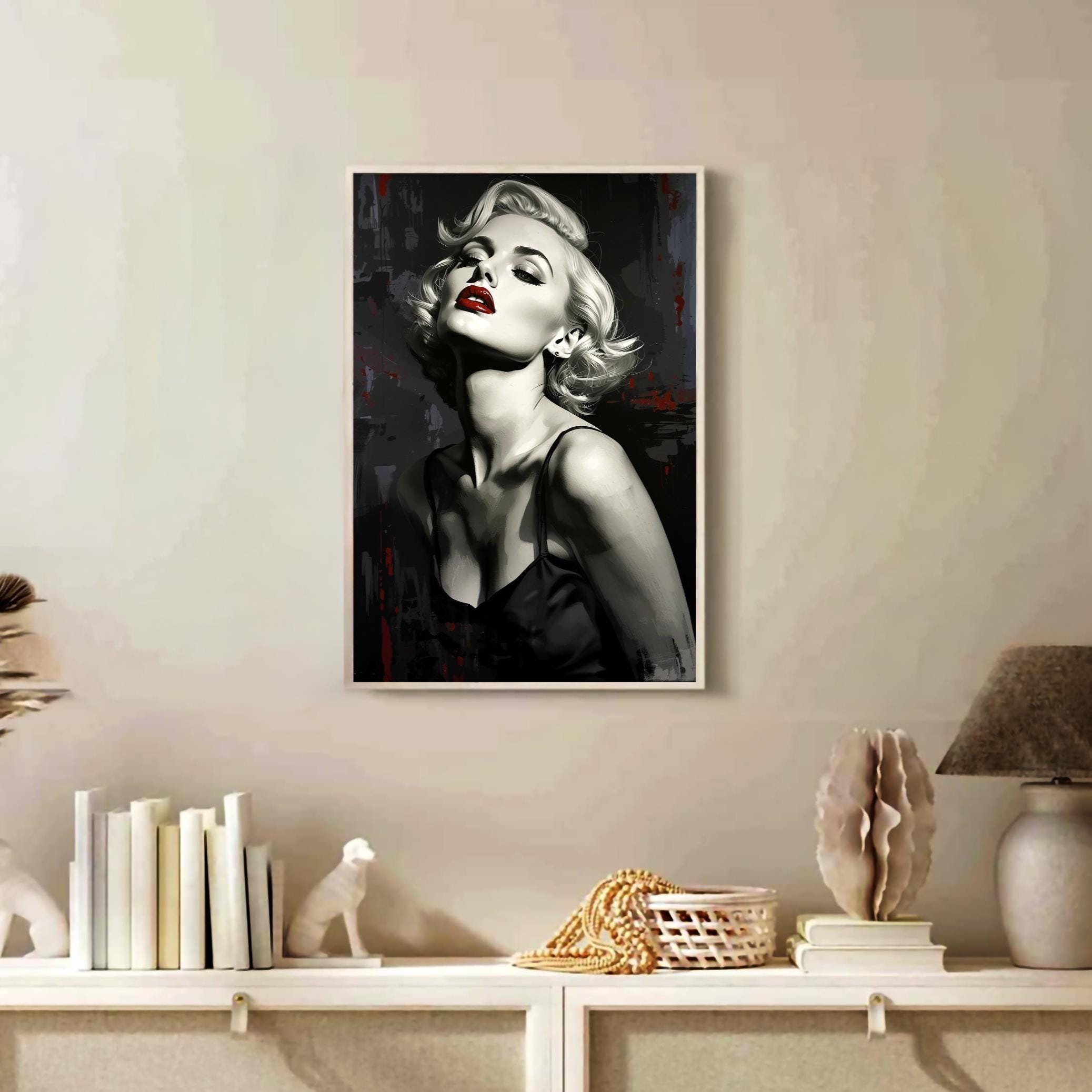 Marilyn Monroe Siyah Beyaz Portre Duvar Sanatı | Kırmızı Dudaklı Noir Glamour Baskı