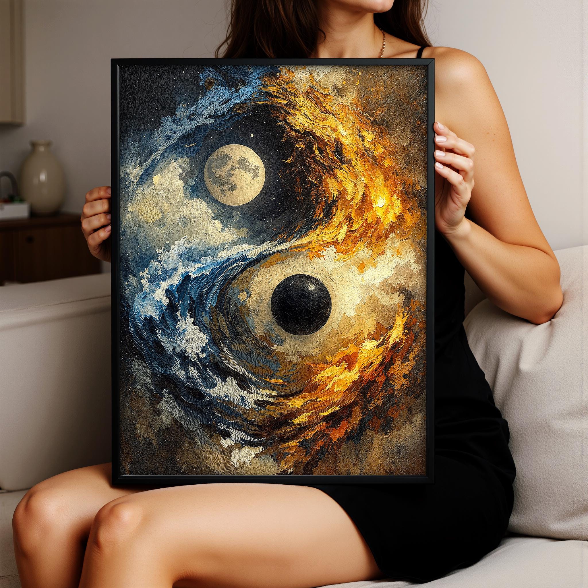 Yin Yang Soyut Duvar Sanatı, Modern Kozmik Denge Baskısı, Mavi Altın Çağdaş Dekorasyon