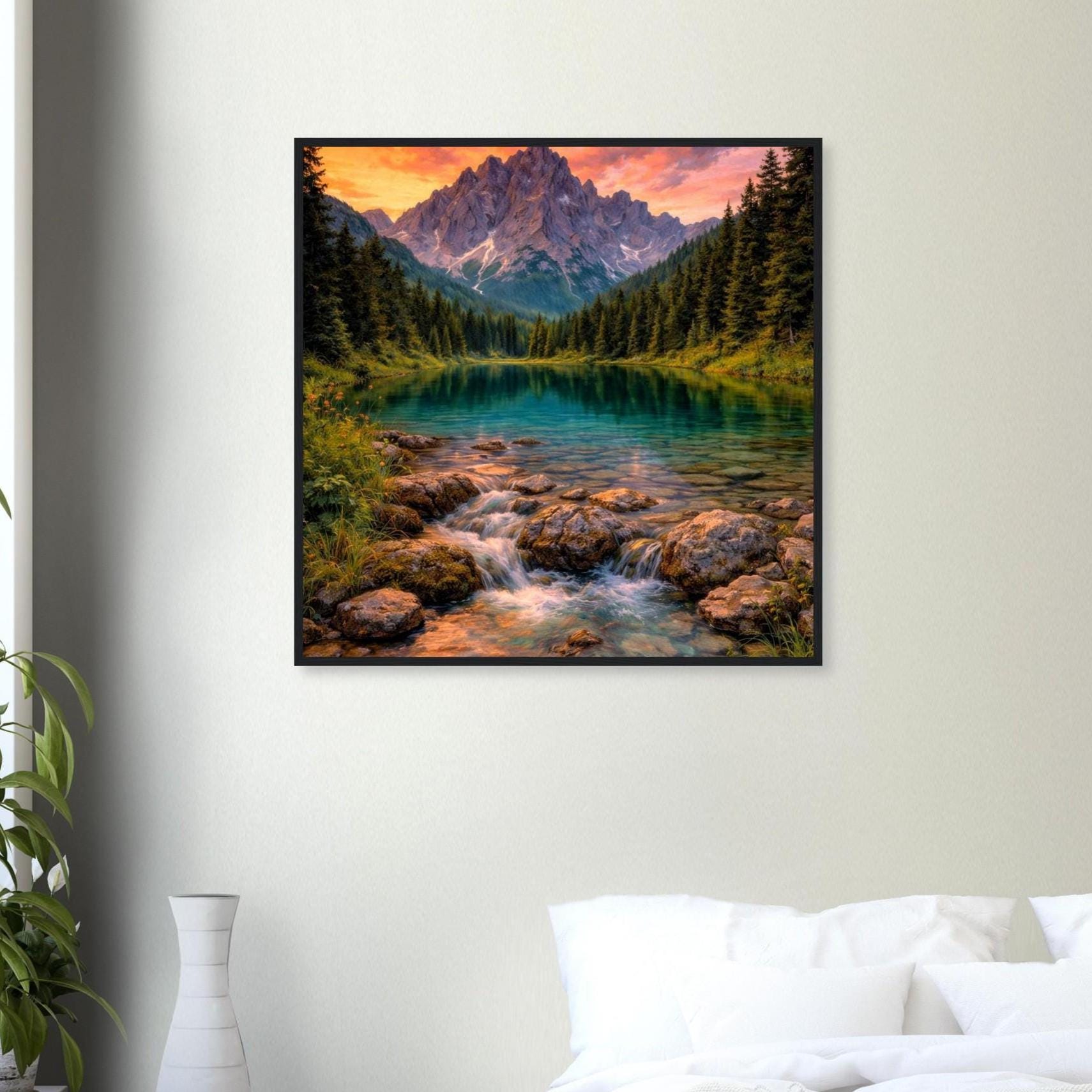 Canlı Dağ Gün Batımı Göl Çerçeveli Duvar Sanatı