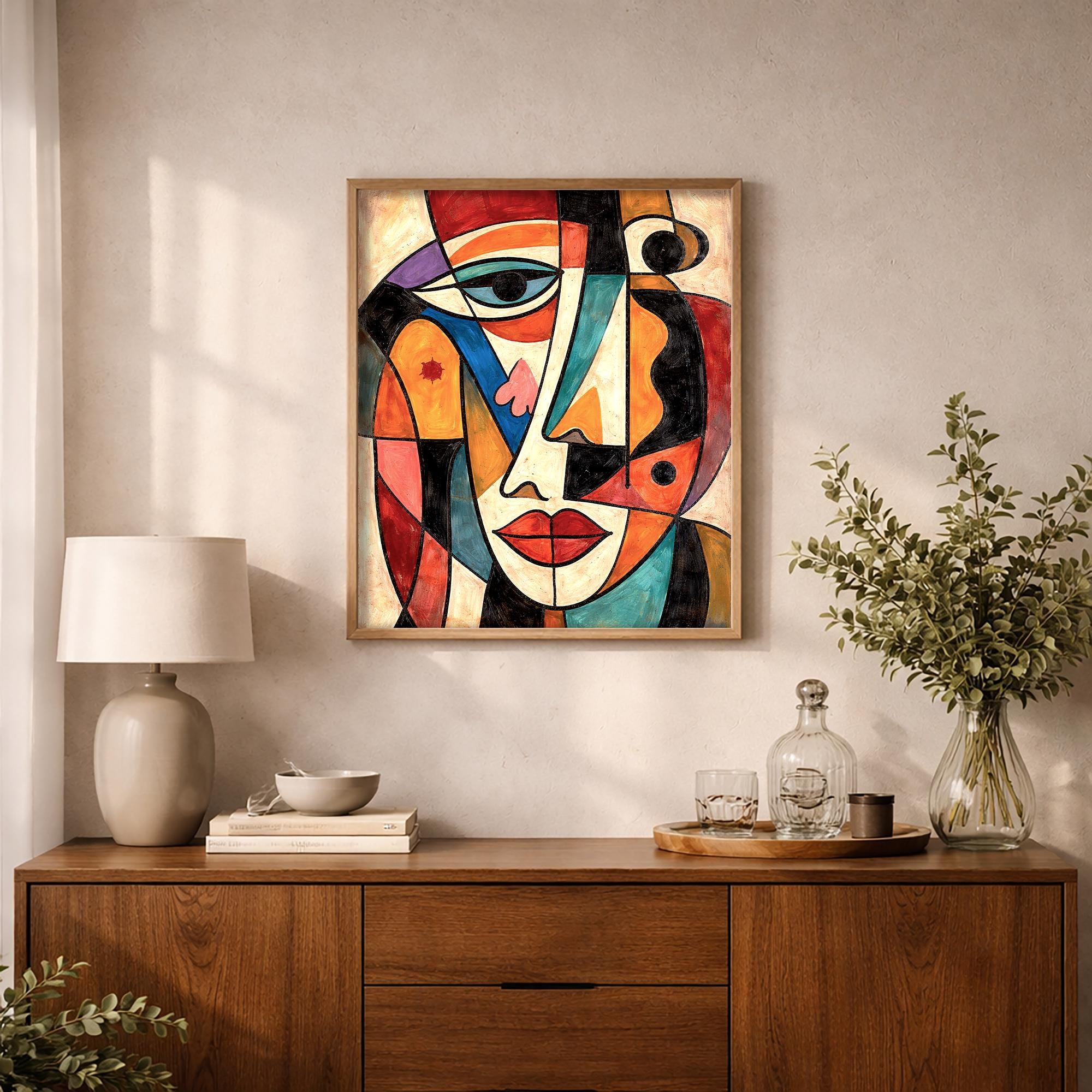Soyut Yüz Duvar Sanatı | Kübist Portre Baskısı, Modern Renkli Soyut Resim, Dikkat Çekici Ev Dekorasyonu