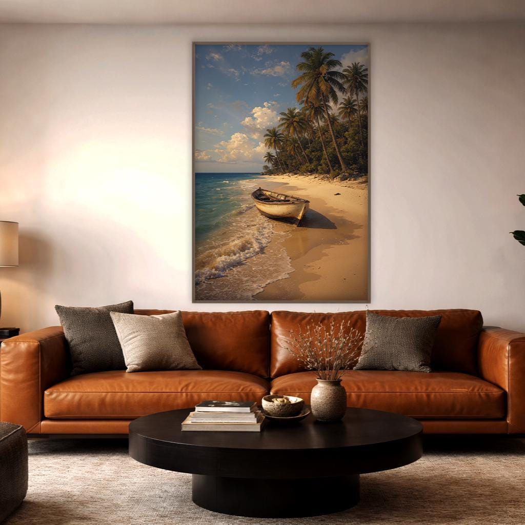 Tropical Beach Wall Art, Coastal Landscape Print, Palm Tree Ocean Decor, Serene Seaside Artwork