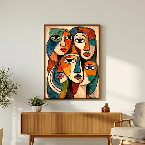Soyut Yüzler Duvar Sanatı | Modern Kübist Portre Baskısı | Renkli Çağdaş Dekorasyon