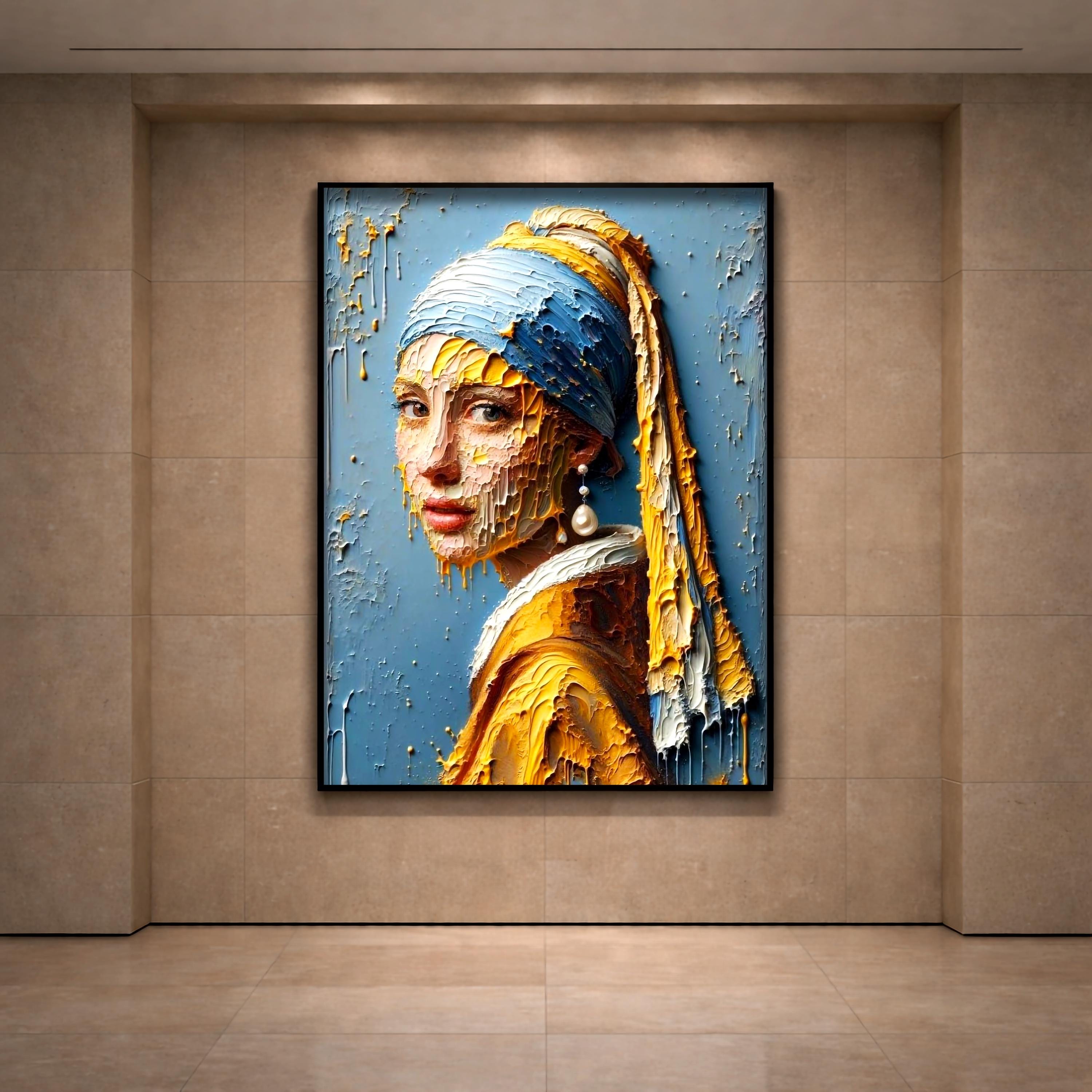 İnci Küpeli Soyut Ekspresyonist Kız | Dokulu Portre Duvar Sanatı