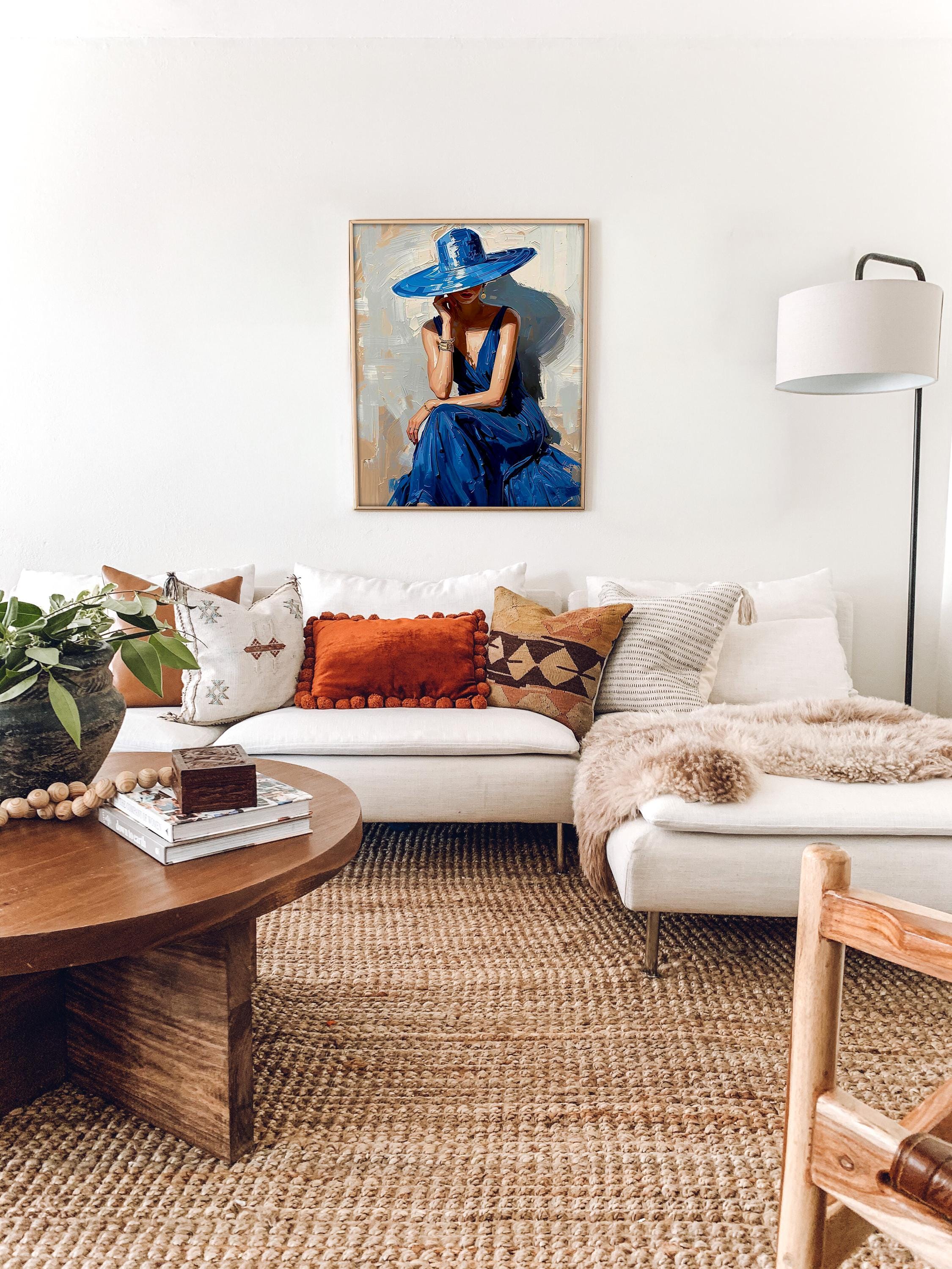 Zarif Moda Portre Duvar Sanatı, Mavi Elbiseli Kadın Baskısı, Modern Kadınsı Dekorasyon