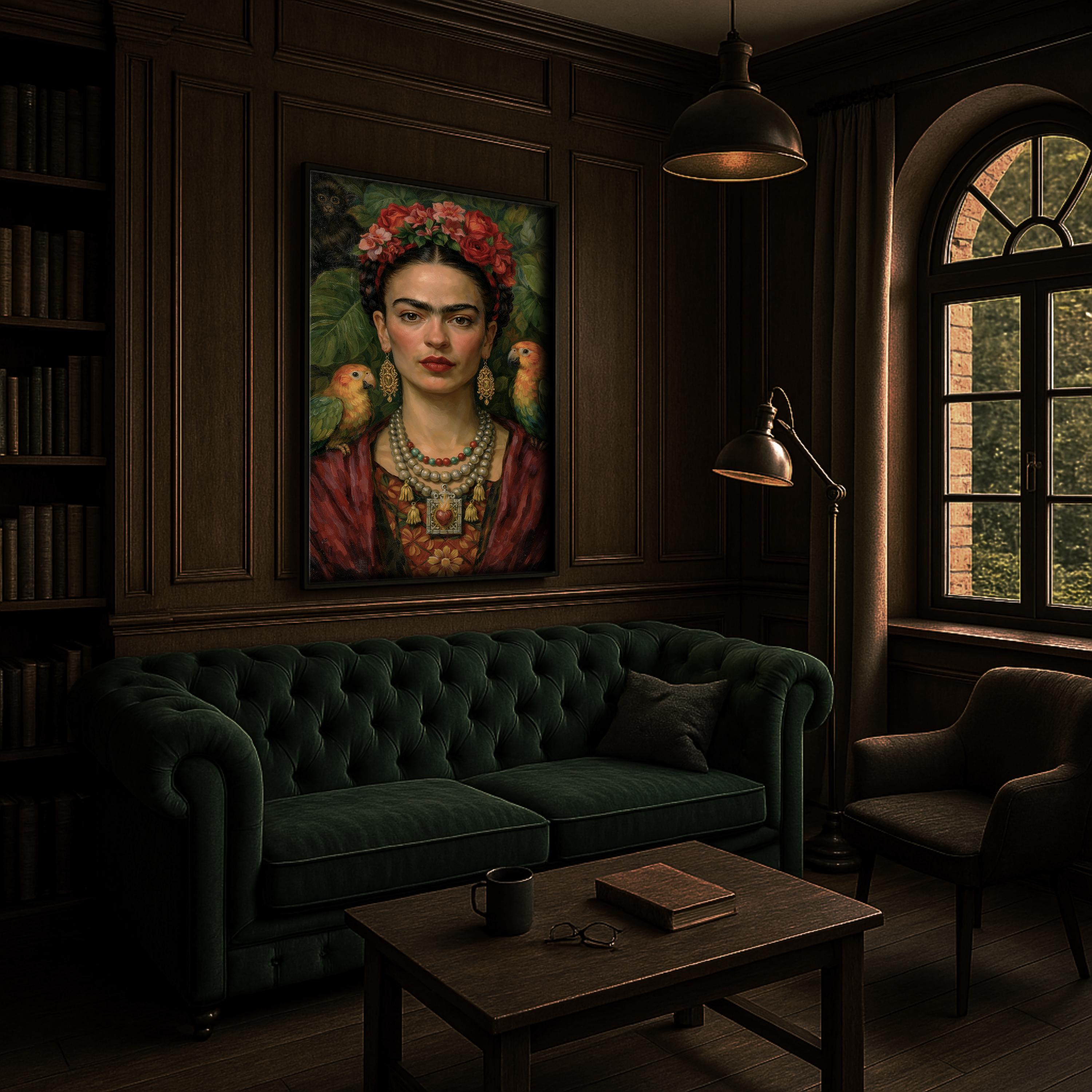 Frida Kahlo Portre Sanatı, Cesur Kadınsı Duvar Sanatı, Sanatsal Çiçekli Portre Baskısı