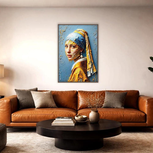 İnci Küpeli Soyut Ekspresyonist Kız | Dokulu Portre Duvar Sanatı