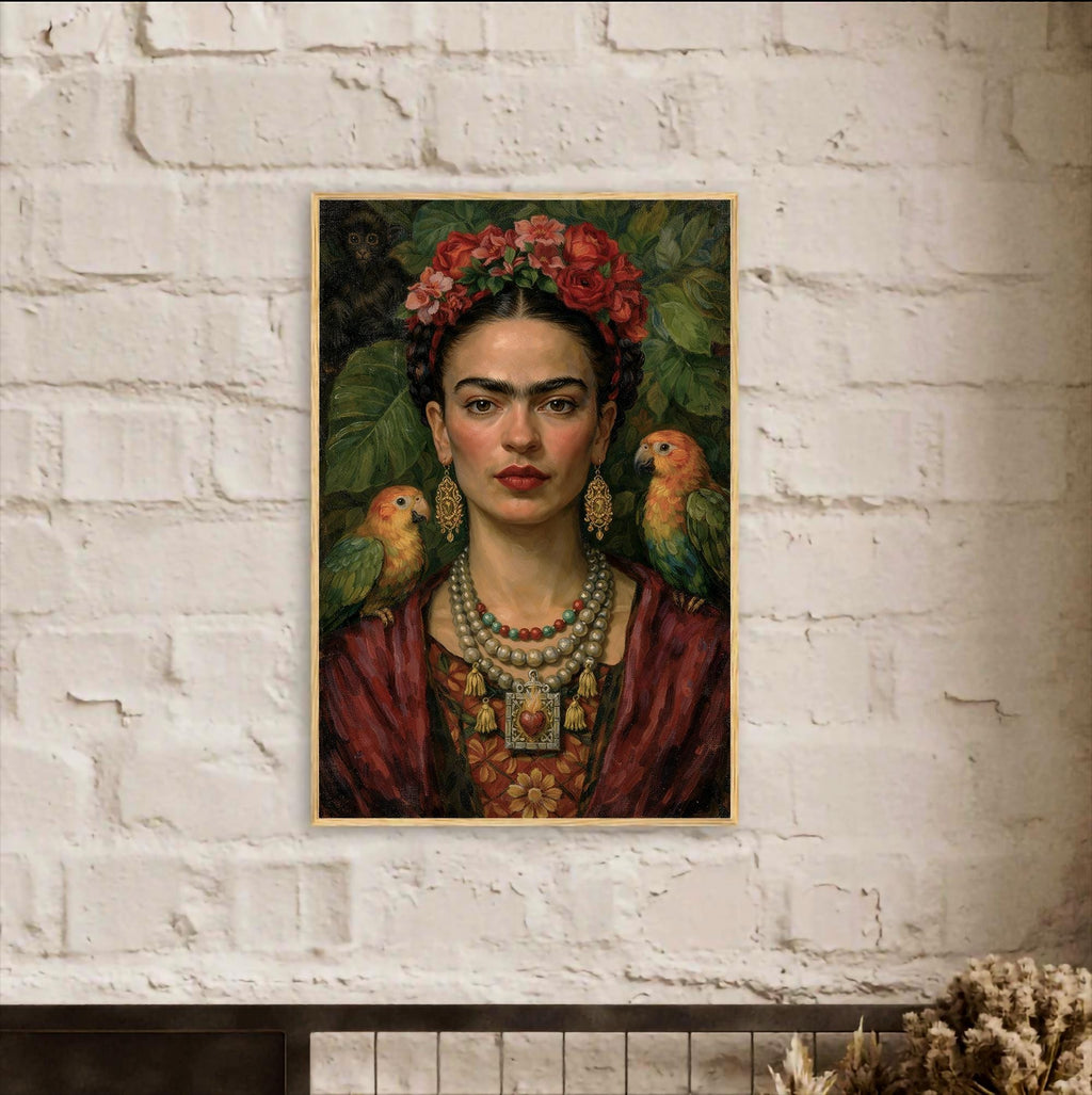 Frida Kahlo Portre Sanatı, Cesur Kadınsı Duvar Sanatı, Sanatsal Çiçekli Portre Baskısı