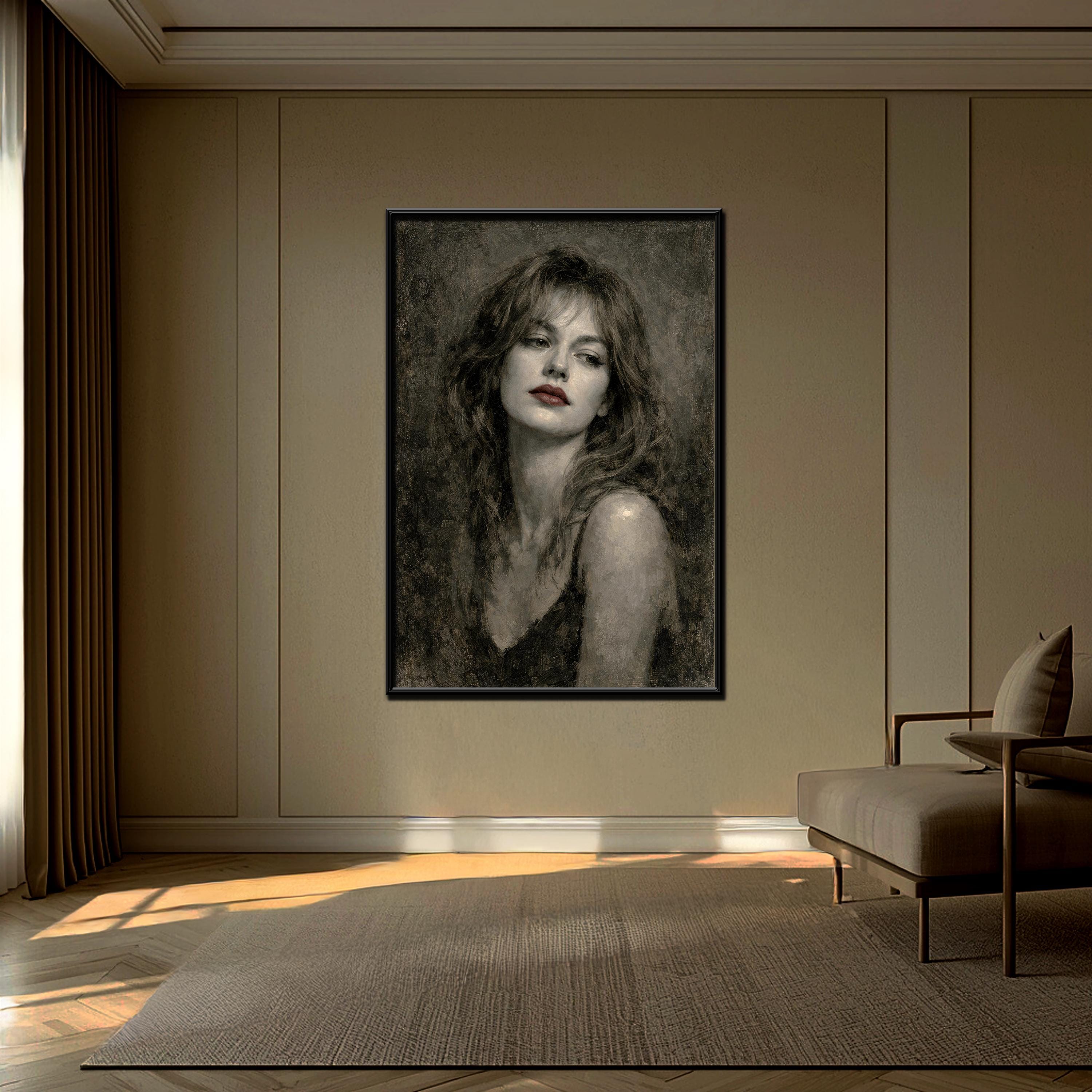 Noir Kadın Portresi Sanat Baskısı | Siyah Beyaz ve Kırmızı Vurgular