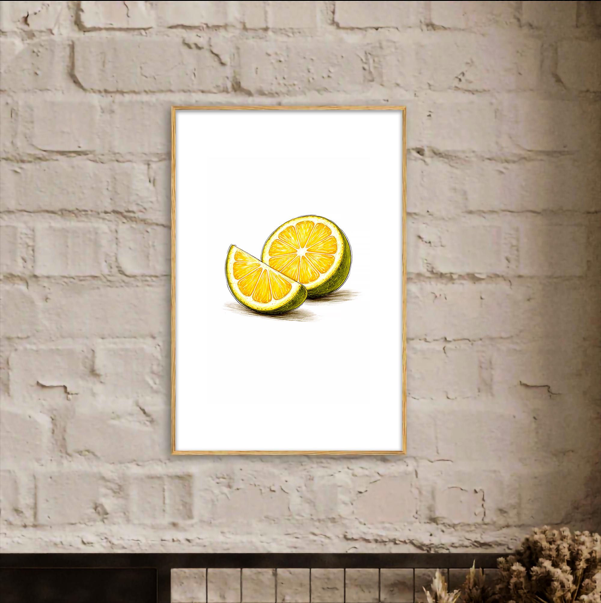 Limon Duvar Sanatı | Minimalist Narenciye Temalı Mutfak Baskısı, Modern Yemek İllüstrasyonu, Ferah Mutfak Dekorasyonu