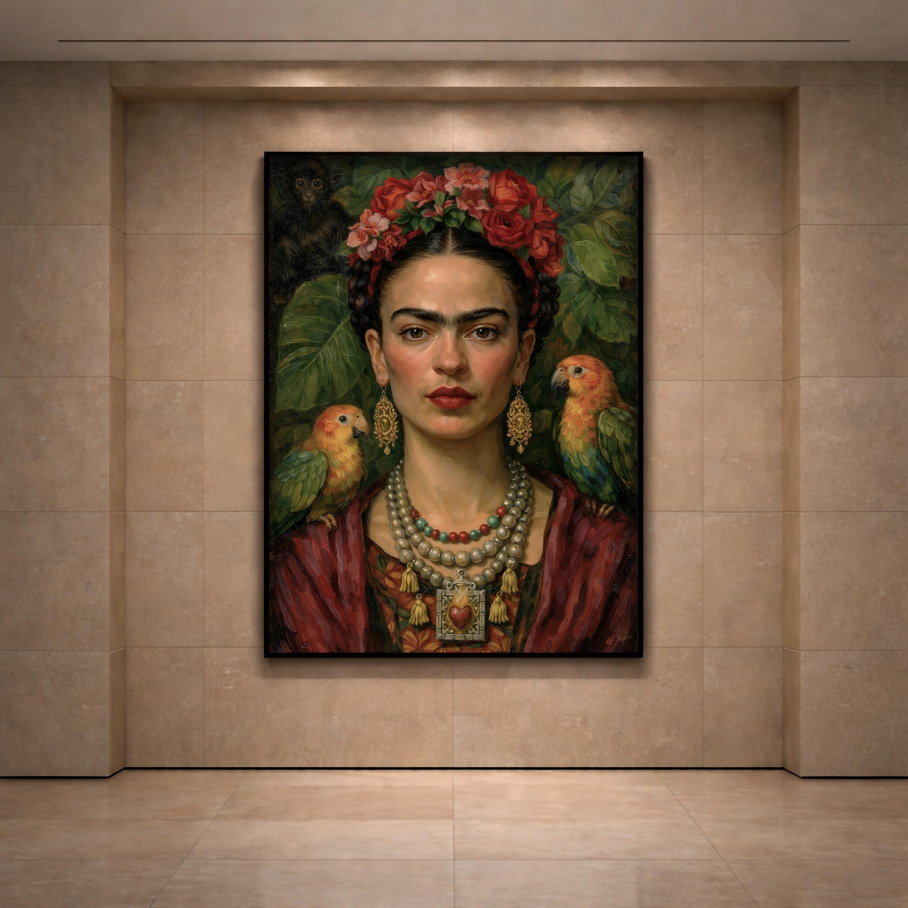 Frida Kahlo Portre Sanatı, Cesur Kadınsı Duvar Sanatı, Sanatsal Çiçekli Portre Baskısı