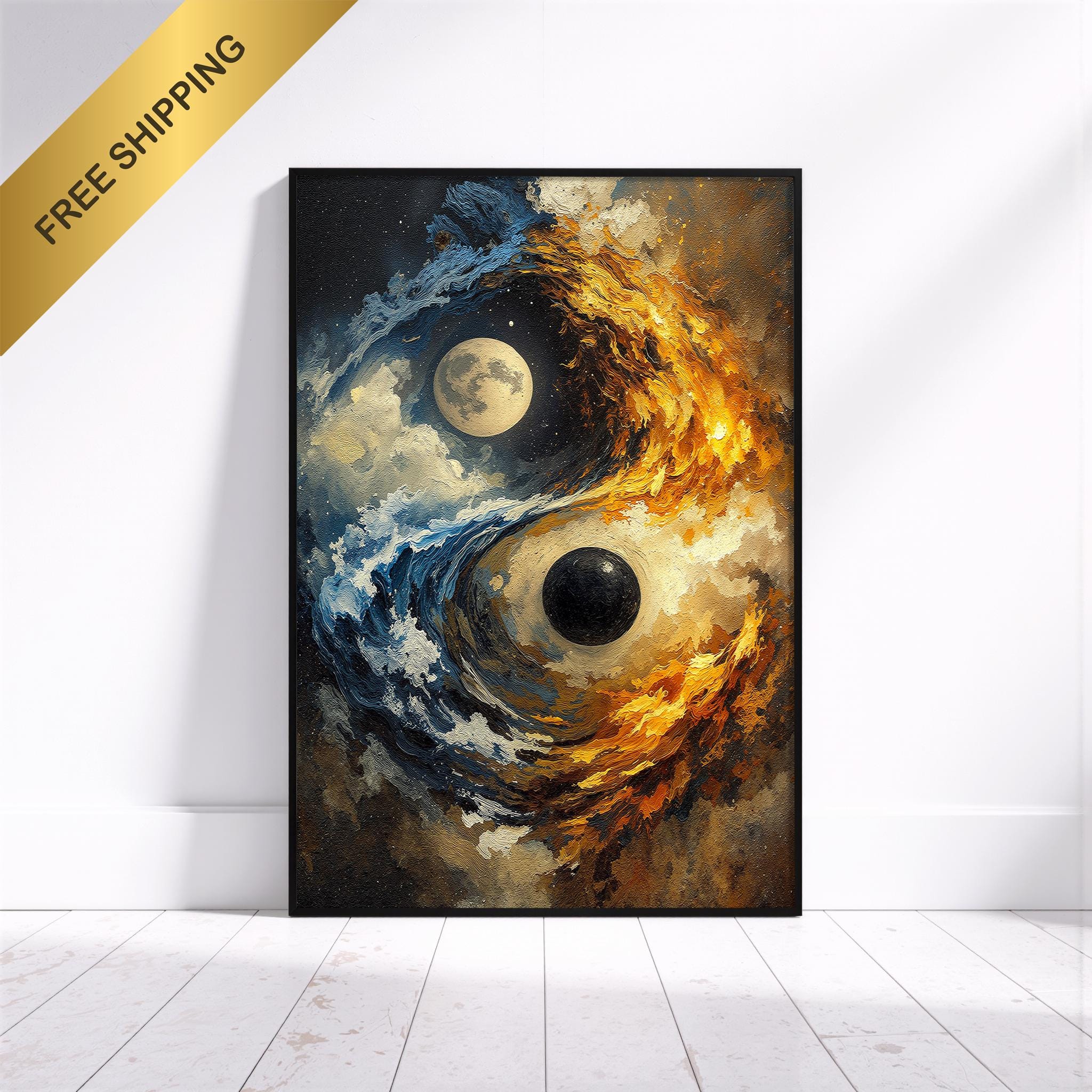 Yin Yang Soyut Duvar Sanatı, Modern Kozmik Denge Baskısı, Mavi Altın Çağdaş Dekorasyon