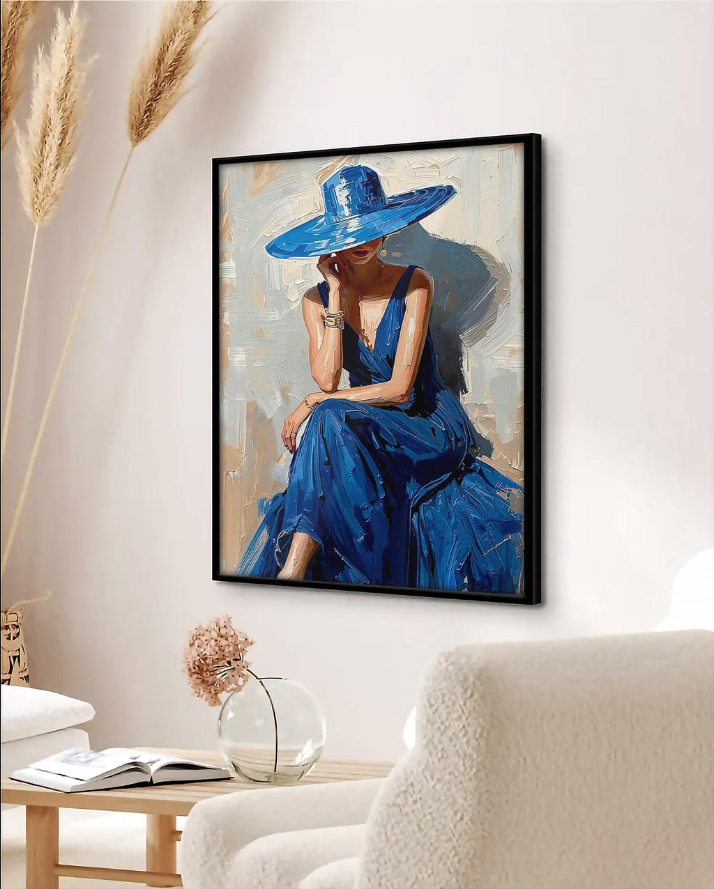 Zarif Moda Portre Duvar Sanatı, Mavi Elbiseli Kadın Baskısı, Modern Kadınsı Dekorasyon