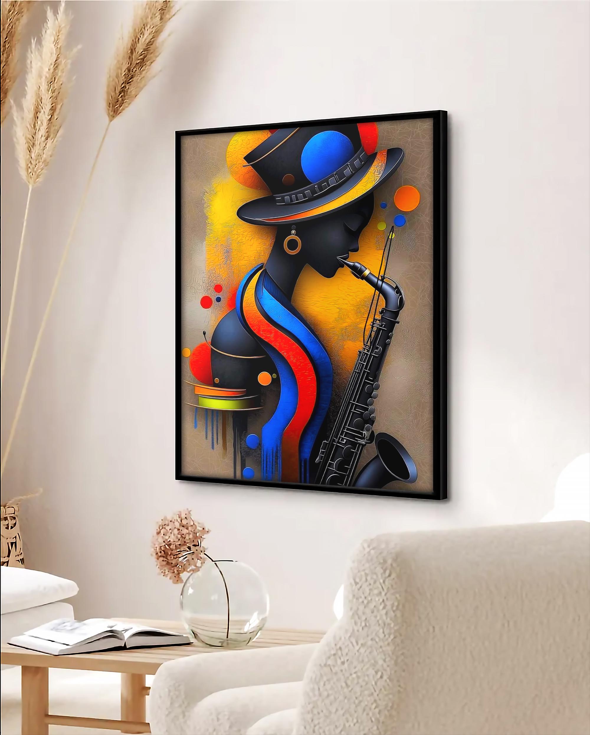 Caz Serenadı: Soyut Diva Çerçeveli Poster – Cesur Renkler ve Melodik Canlılık