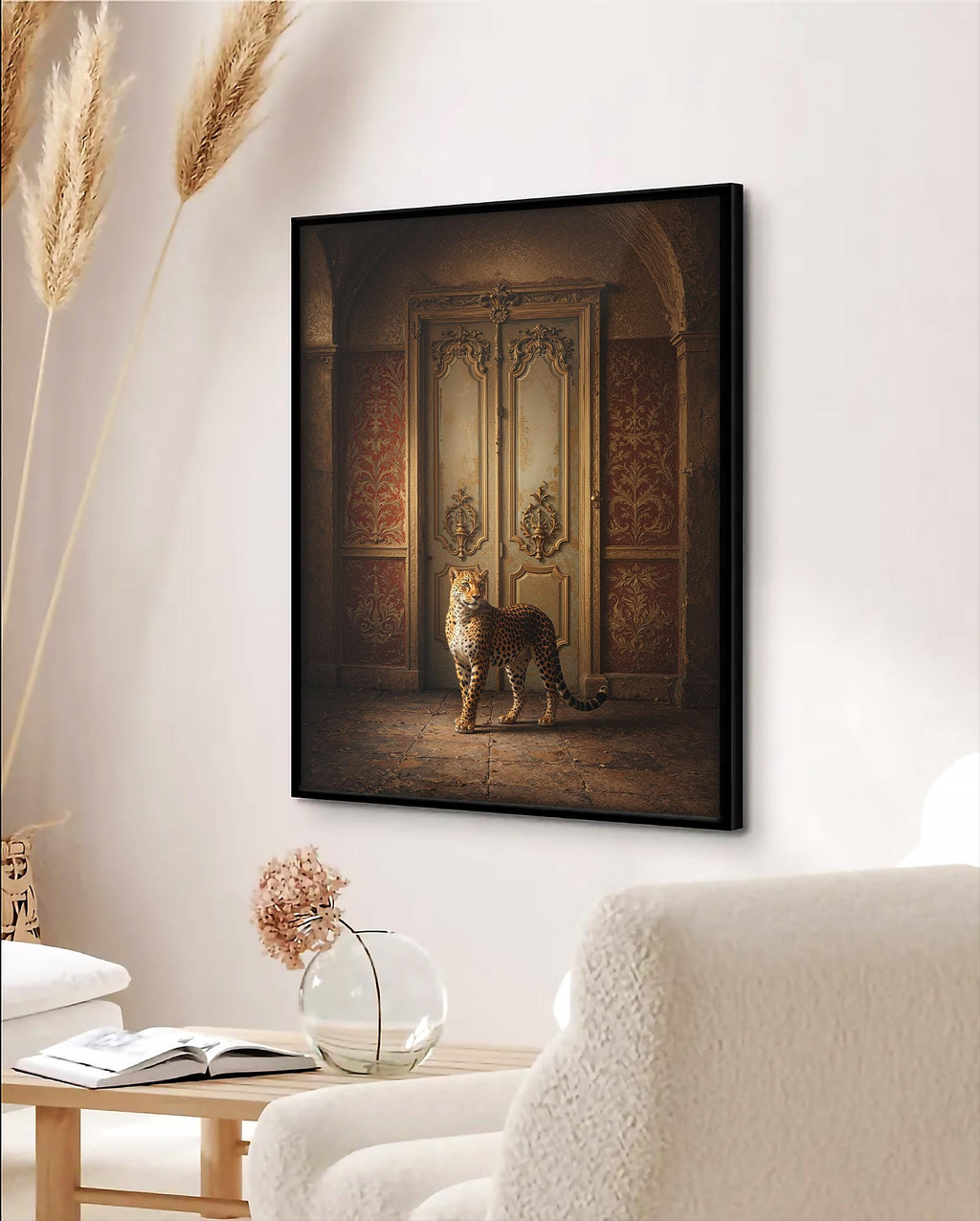 Regal Leopard's Grand Entrance: Ornate Framed Poster – Timeless Elegance & Striking Presence