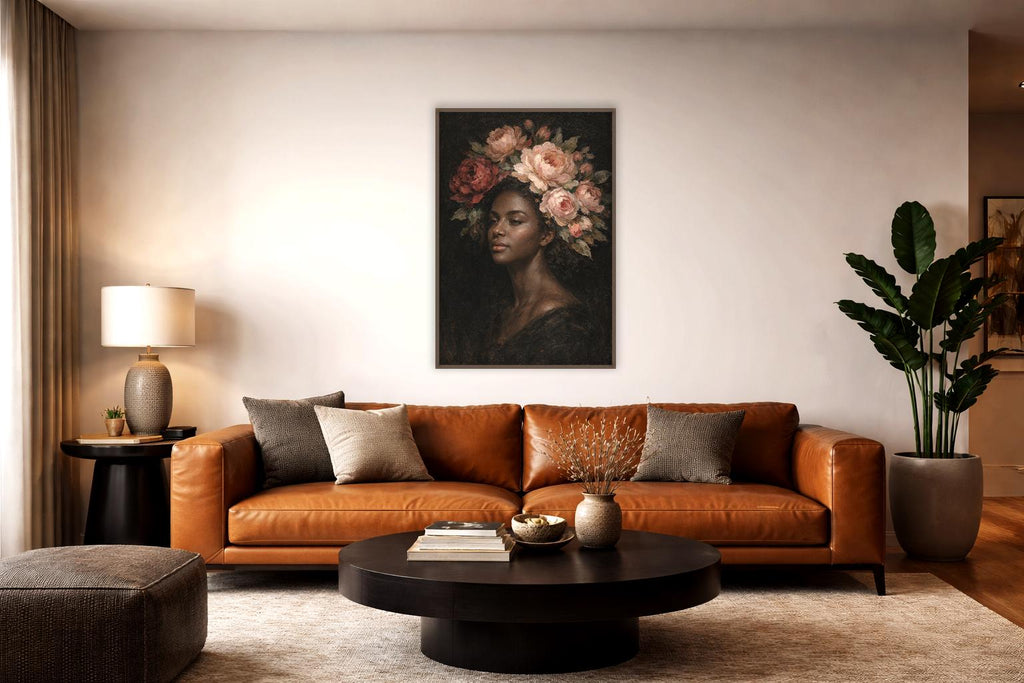 Çiçekli Portre Duvar Sanatı, Kadınsı Yağlı Boya Tablo Baskısı, Zarif Kadın Dekorasyonu