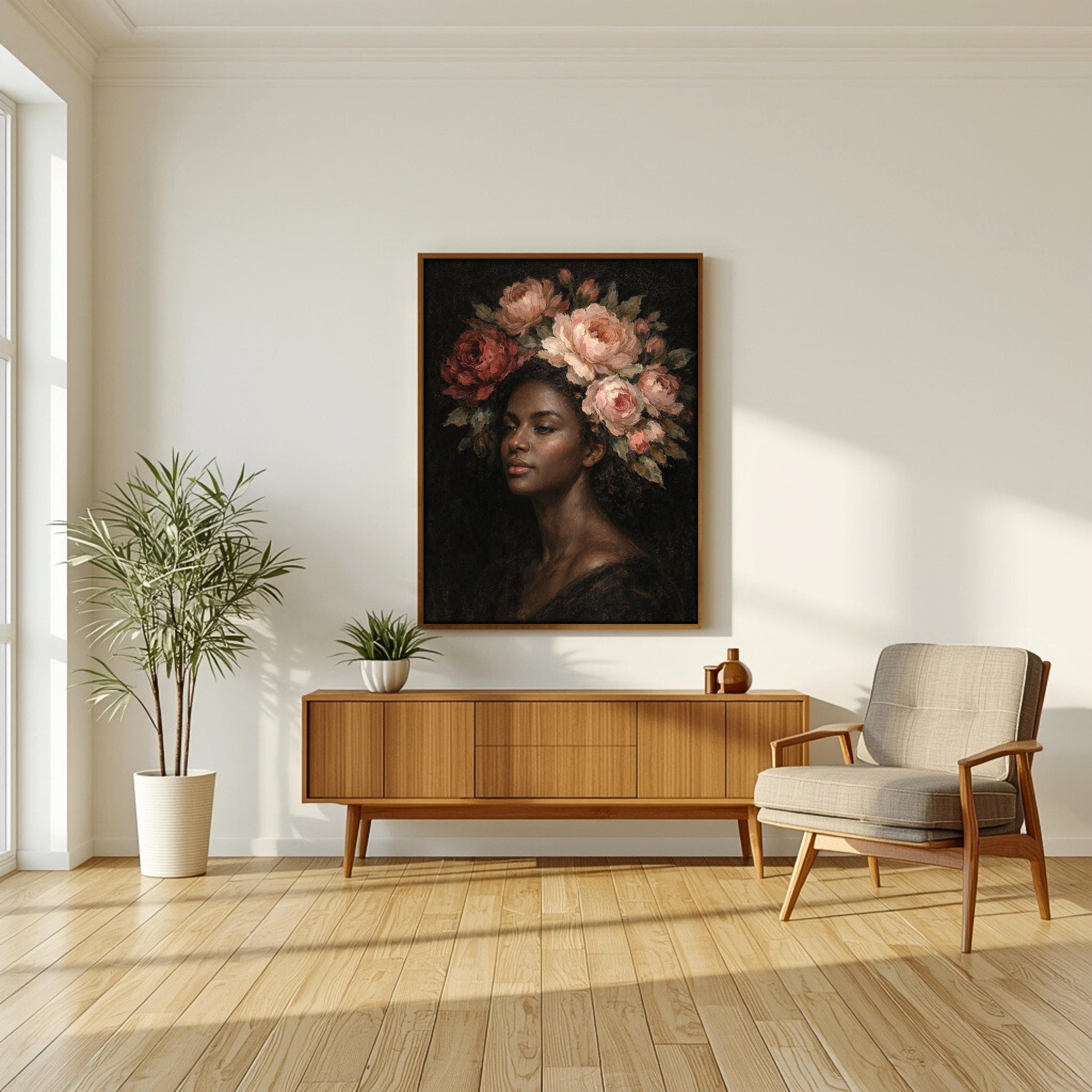 Çiçekli Portre Duvar Sanatı, Kadınsı Yağlı Boya Tablo Baskısı, Zarif Kadın Dekorasyonu