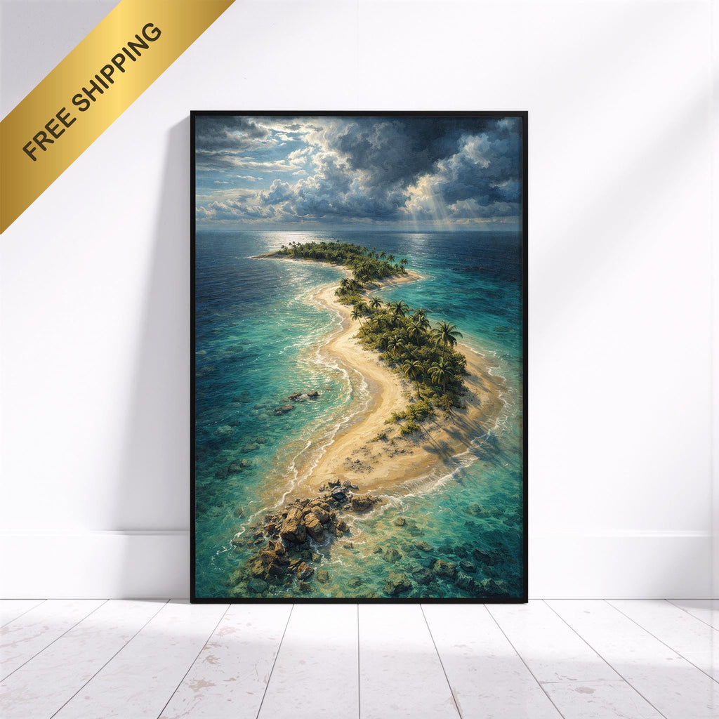 Tropical Island Aerial View Framed Poster, Turquoise Ocean Art