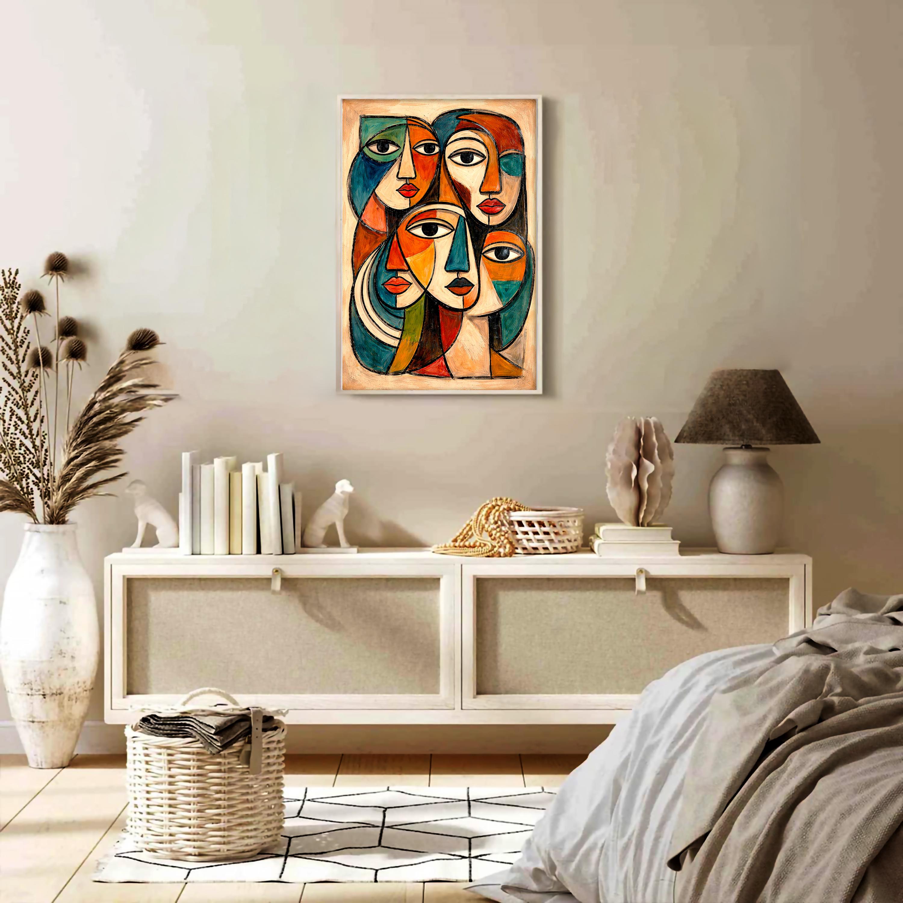 Soyut Yüzler Duvar Sanatı | Modern Kübist Portre Baskısı | Renkli Çağdaş Dekorasyon