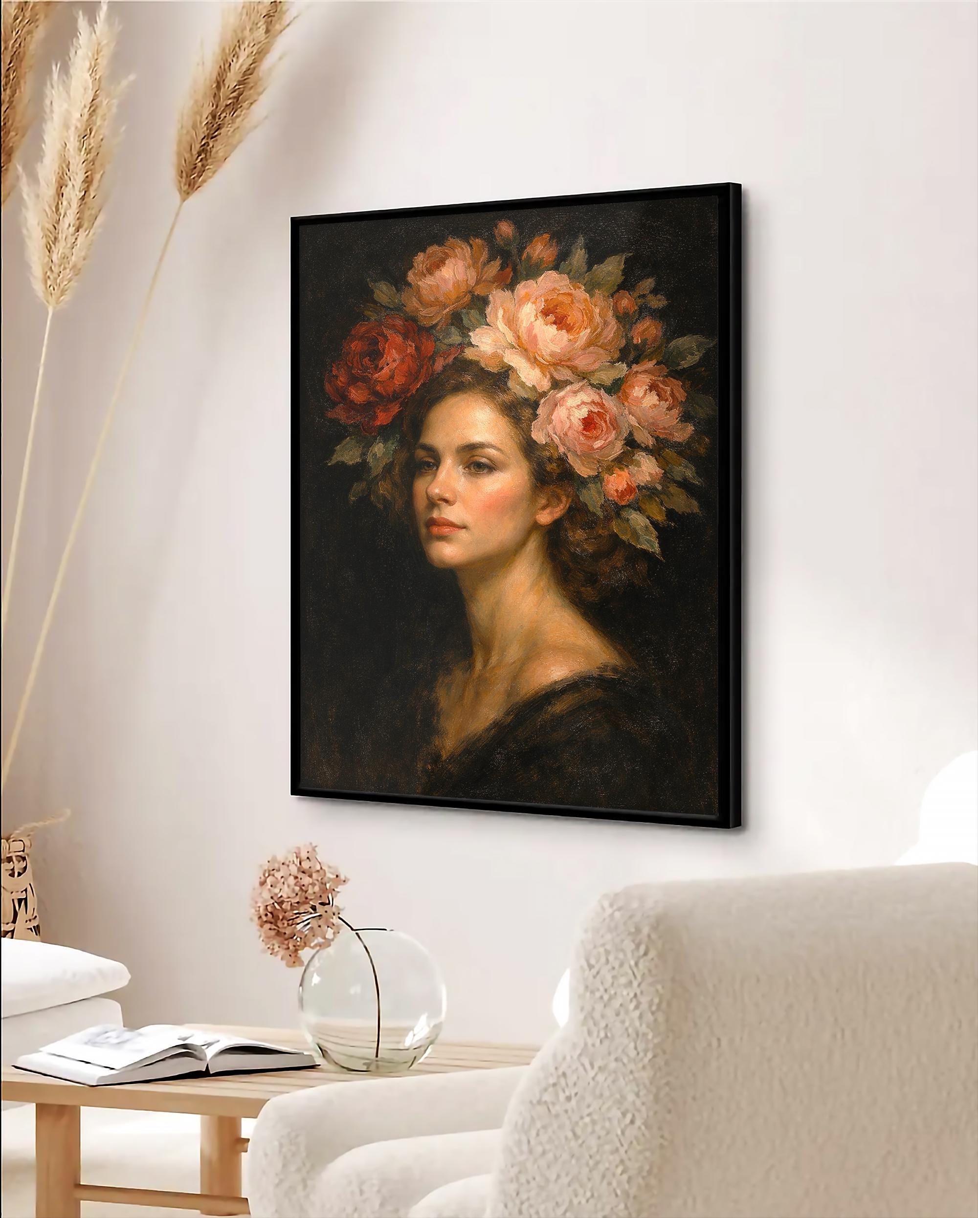Çiçekli Portre Duvar Sanatı, Vintage Kadınsı Yağlı Boya Tablo Baskısı, Zarif Kadın Dekorasyonu