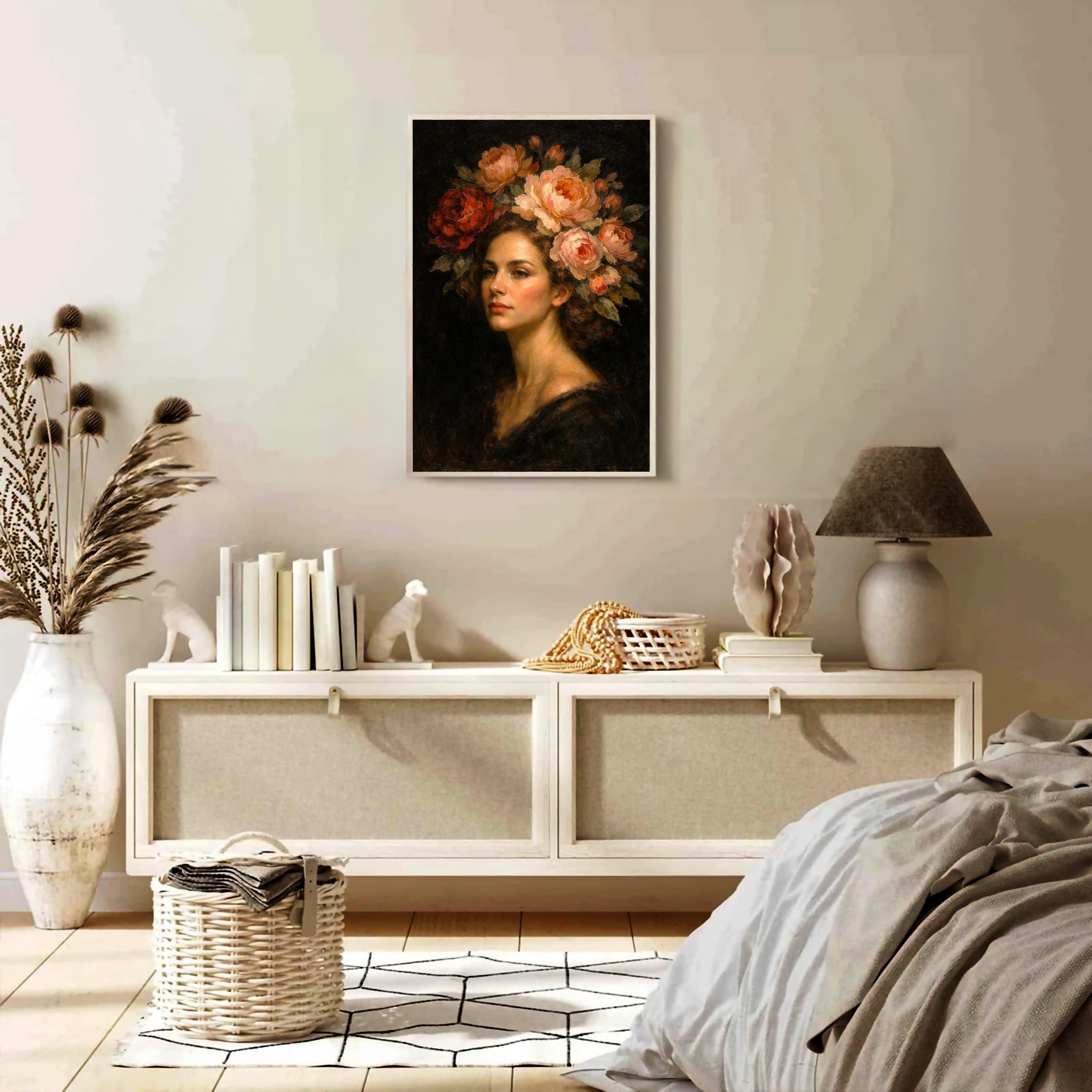Çiçekli Portre Duvar Sanatı, Vintage Kadınsı Yağlı Boya Tablo Baskısı, Zarif Kadın Dekorasyonu