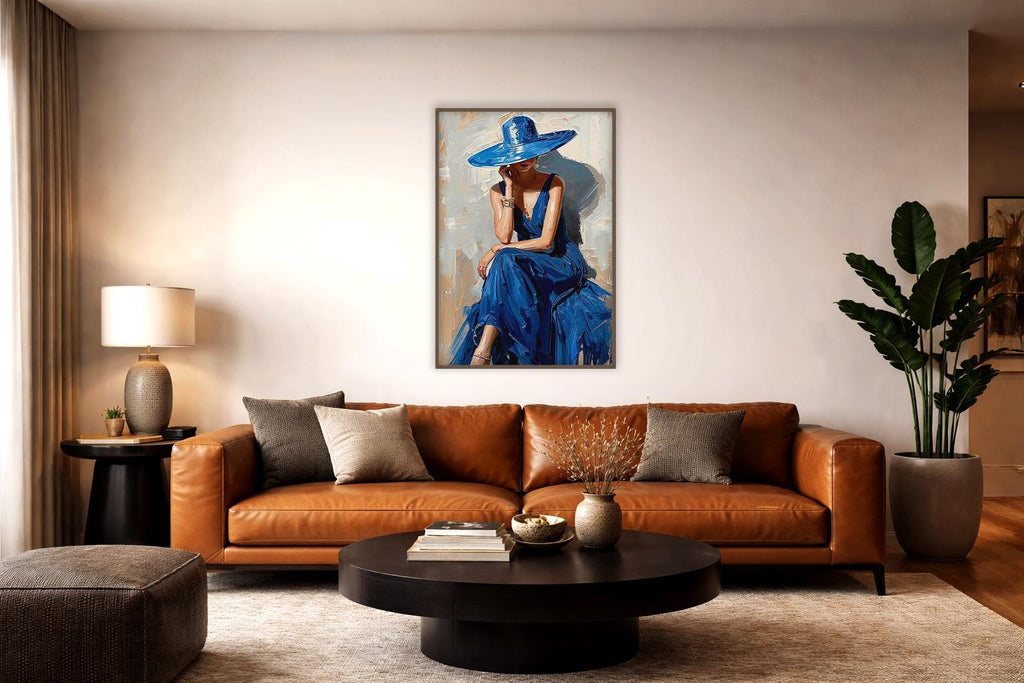 Zarif Moda Portre Duvar Sanatı, Mavi Elbiseli Kadın Baskısı, Modern Kadınsı Dekorasyon