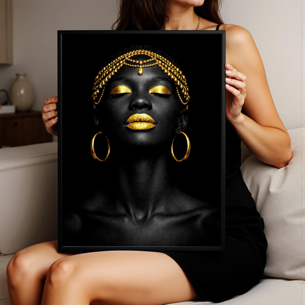 Afrika Kadını Duvar Sanatı | Siyah ve Altın Portre, Lüks Duvar Dekoru