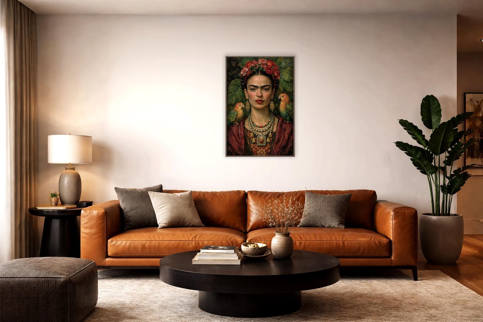 Frida Kahlo Portre Sanatı, Cesur Kadınsı Duvar Sanatı, Sanatsal Çiçekli Portre Baskısı