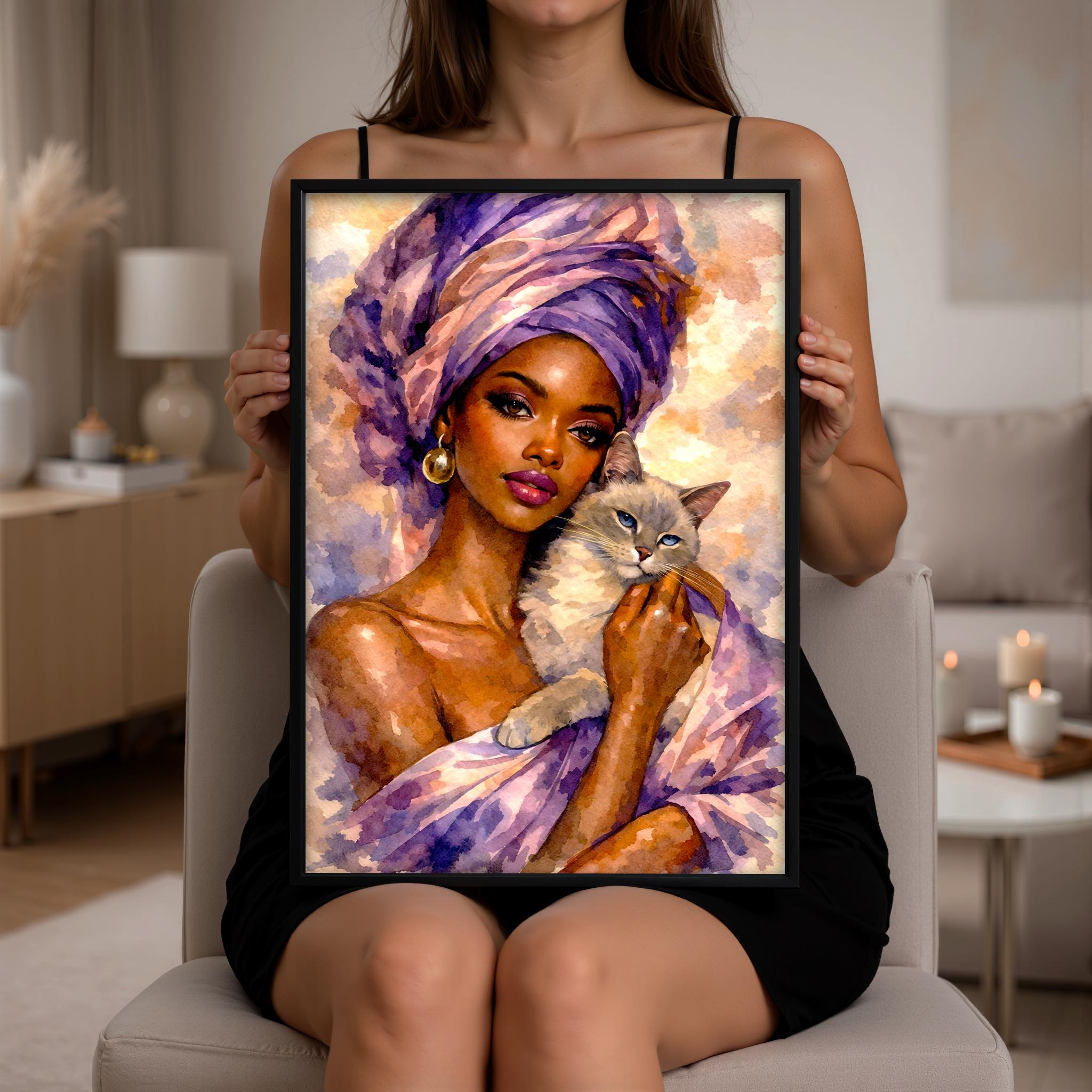 Kedili Kadın Çerçeveli Poster: Asil Suluboya Sanatı, Mor ve Altın