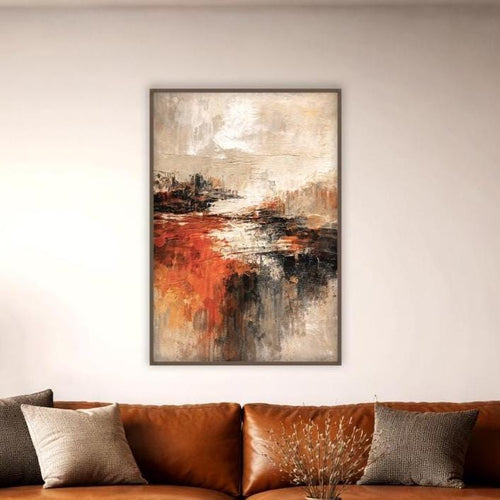 Soyut Ufuk Çerçeveli Duvar Sanatı – Sıcak Toprak Tonları, Kalın Boya Dokusu