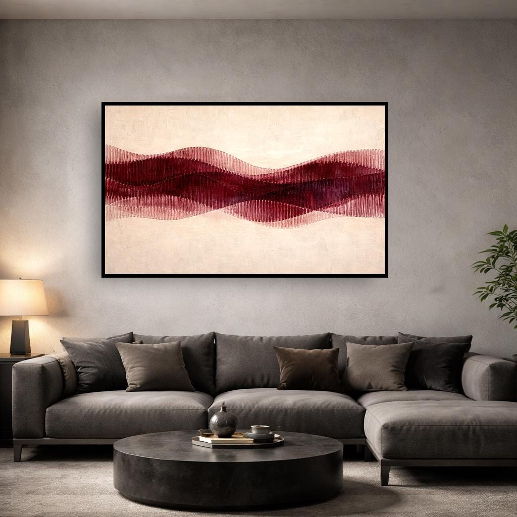 Modern Soyut Duvar Sanatı | Minimalist Bordo Yatay Sanat Eseri, Nötr Çağdaş Kanvas, Dikkat Çekici Ev Dekorasyonu