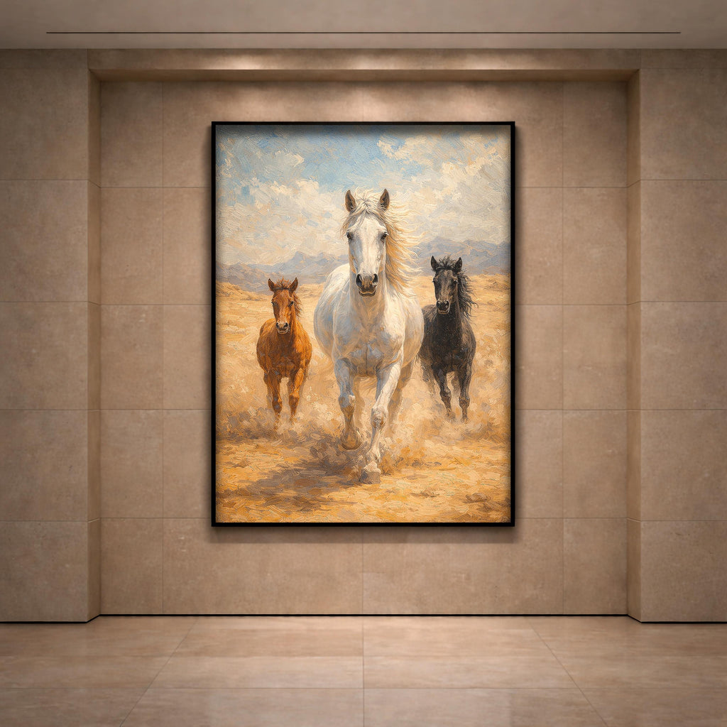Atlar Duvar Sanatı | Beyaz At ve Tayları Yağlı Boya Tablo Tarzı | Özgürlük Hayvanı Sanat Baskısı